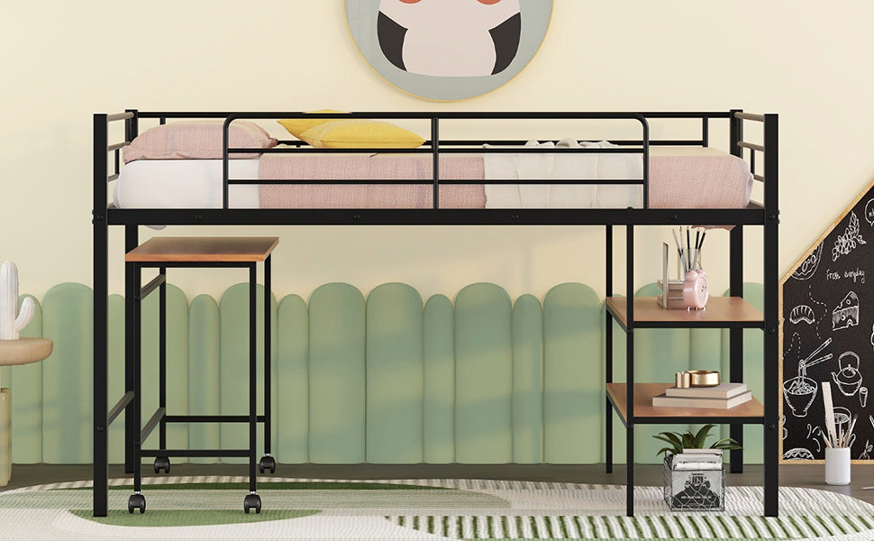 Twin Size Metal Loft Bed With Desk And Shelves,Black Twin Black Metal