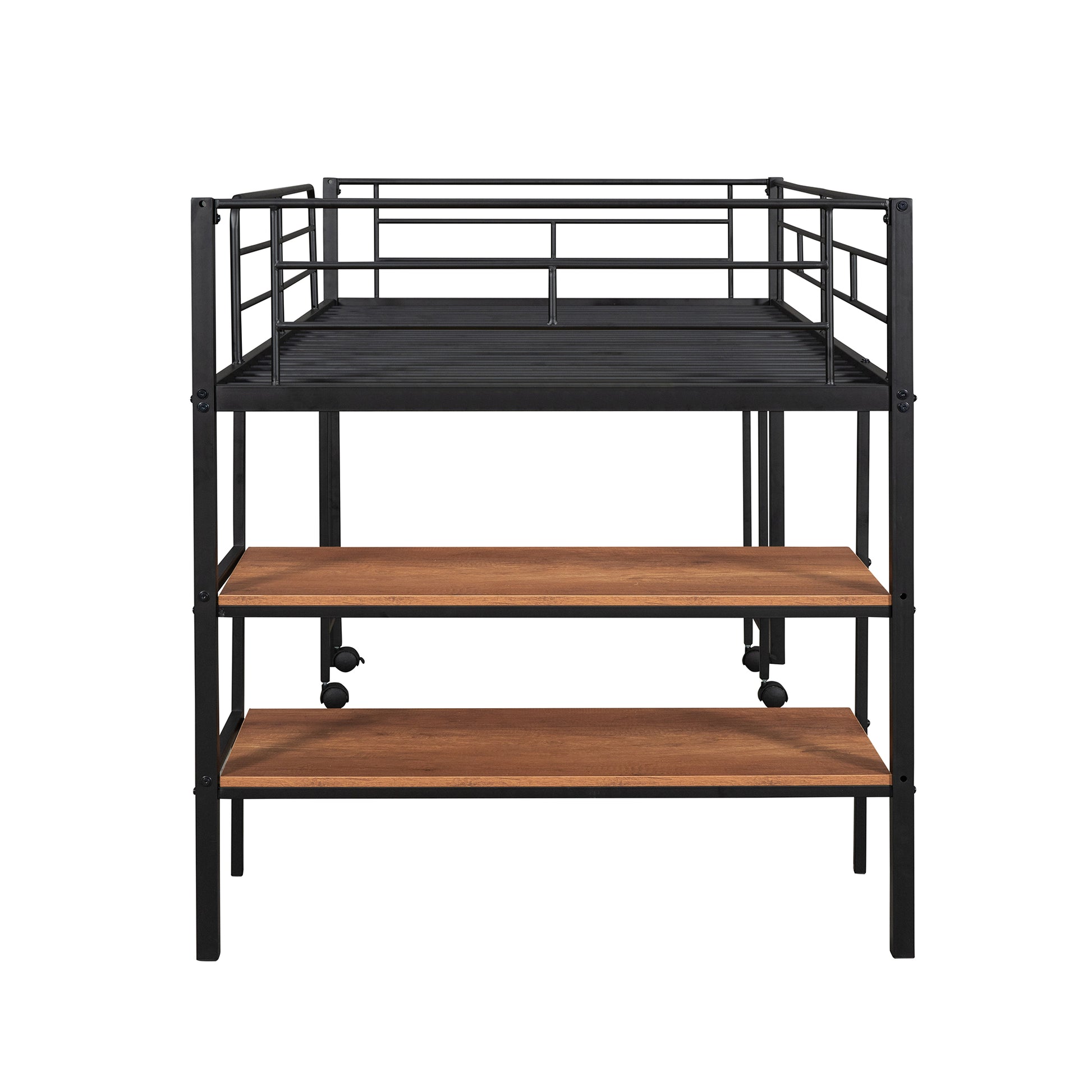Twin Size Metal Loft Bed With Desk And Shelves,Black Twin Black Metal