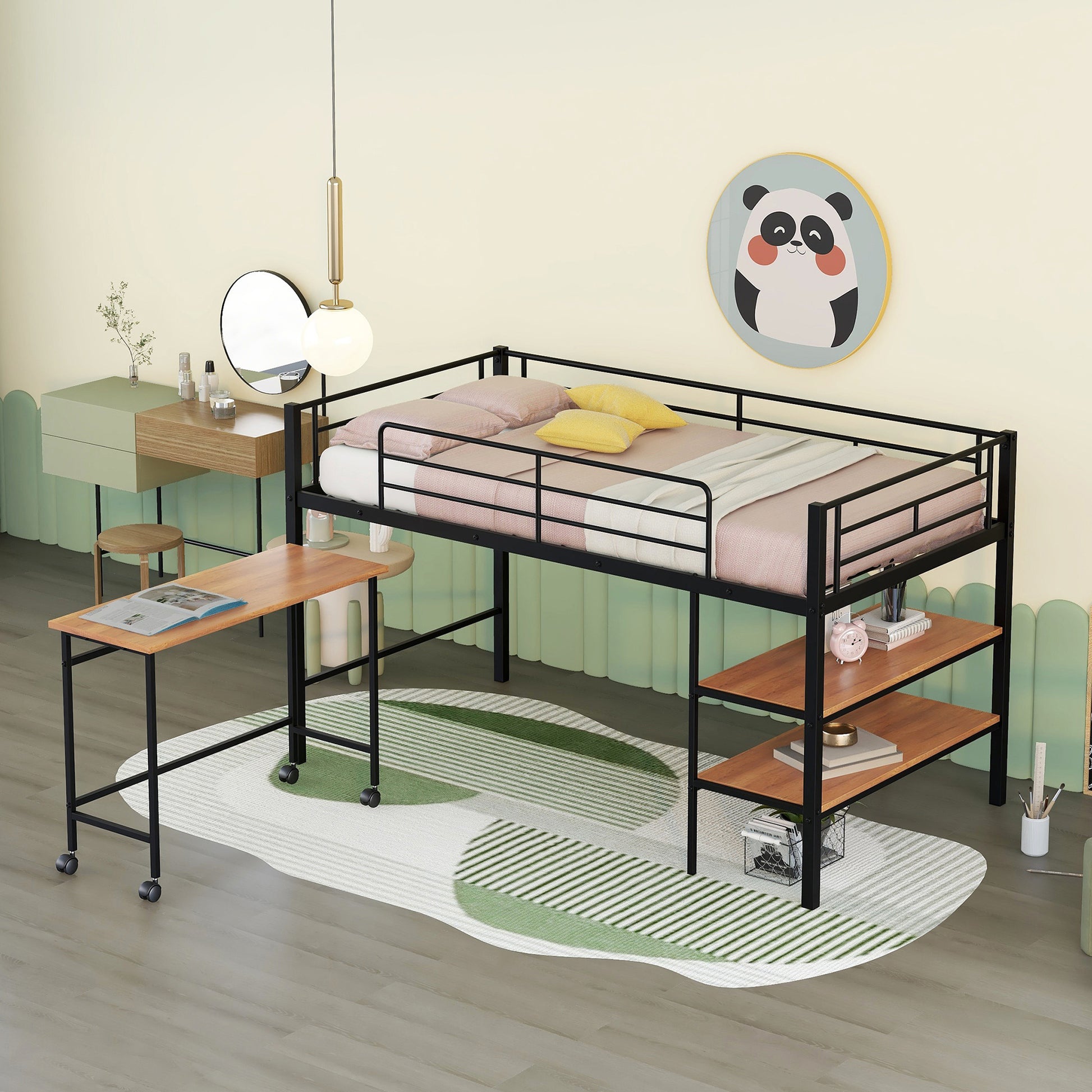 Twin Size Metal Loft Bed With Desk And Shelves,Black Twin Black Metal