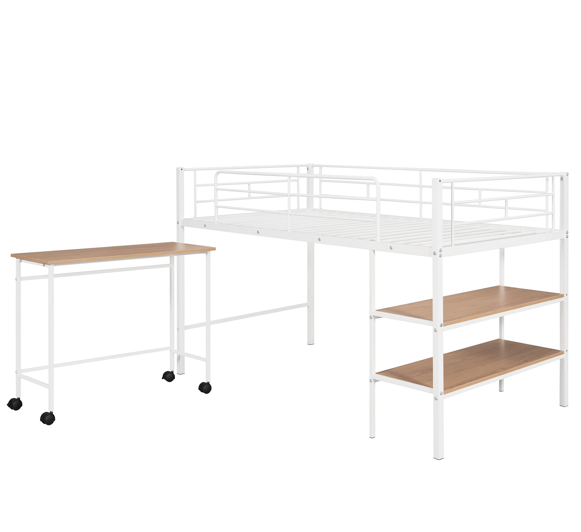 Twin Size Metal Loft Bed With Desk And Shelves,White Twin White Metal