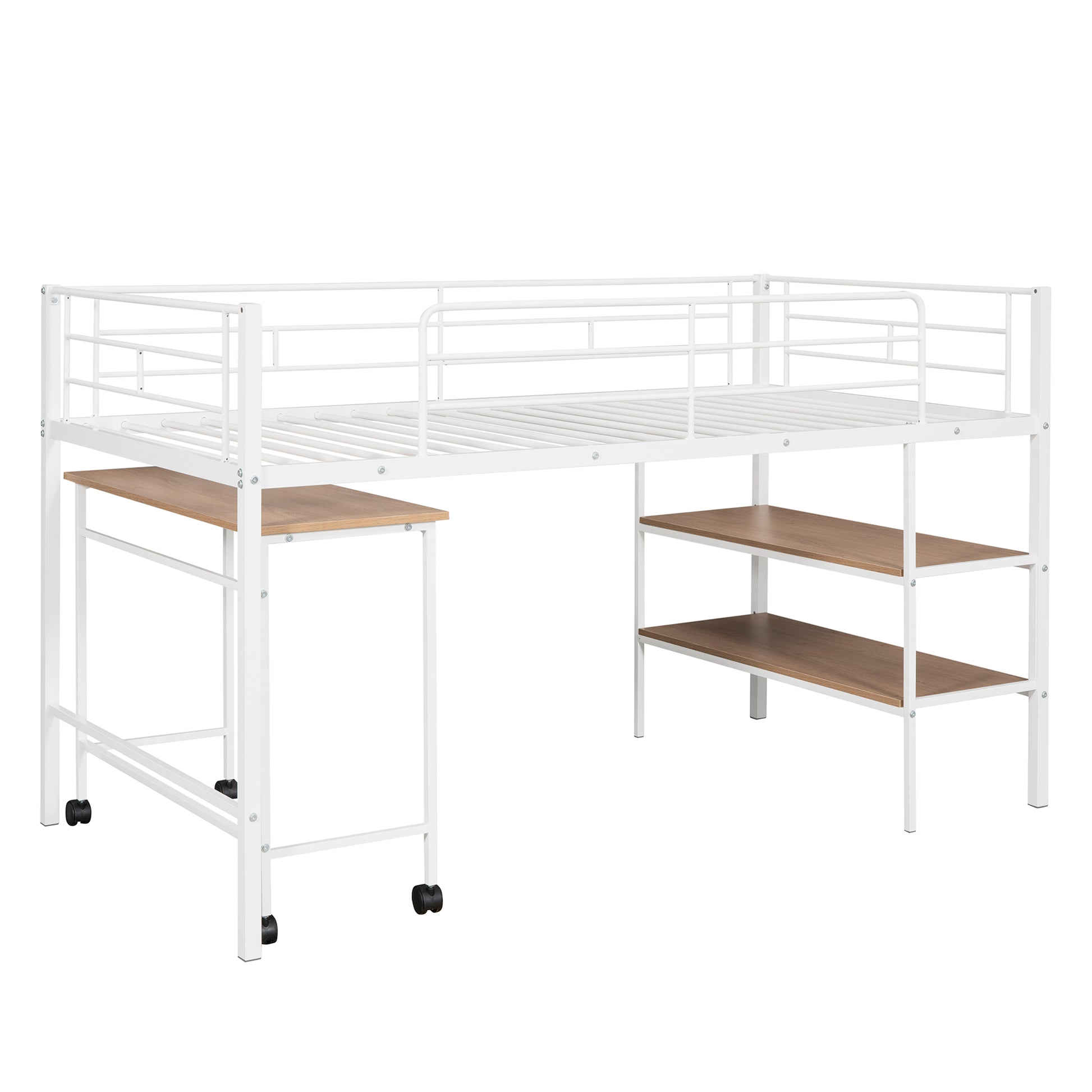 Twin Size Metal Loft Bed With Desk And Shelves,White Twin White Metal
