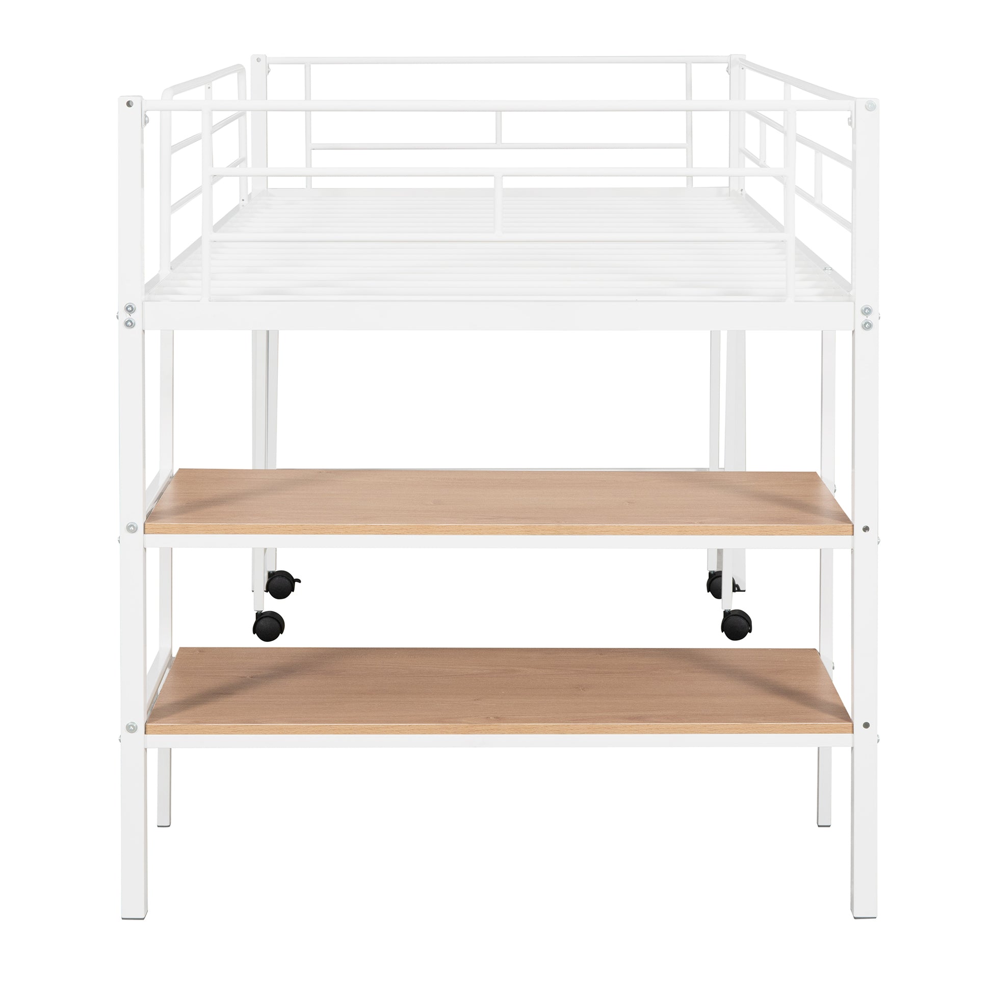 Twin Size Metal Loft Bed With Desk And Shelves,White Twin White Metal