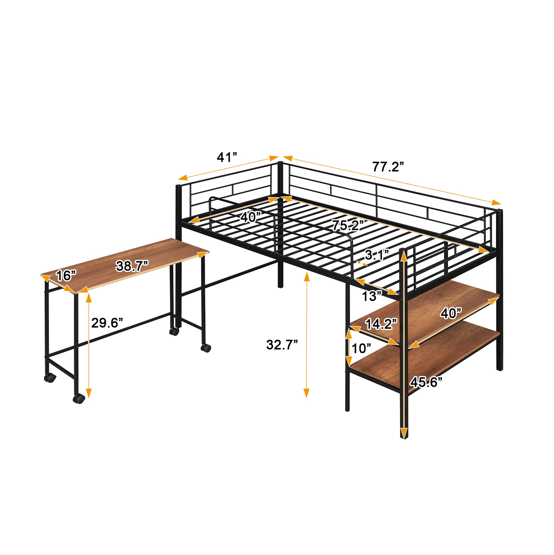 Twin Size Metal Loft Bed With Desk And Shelves,Black Twin Black Metal