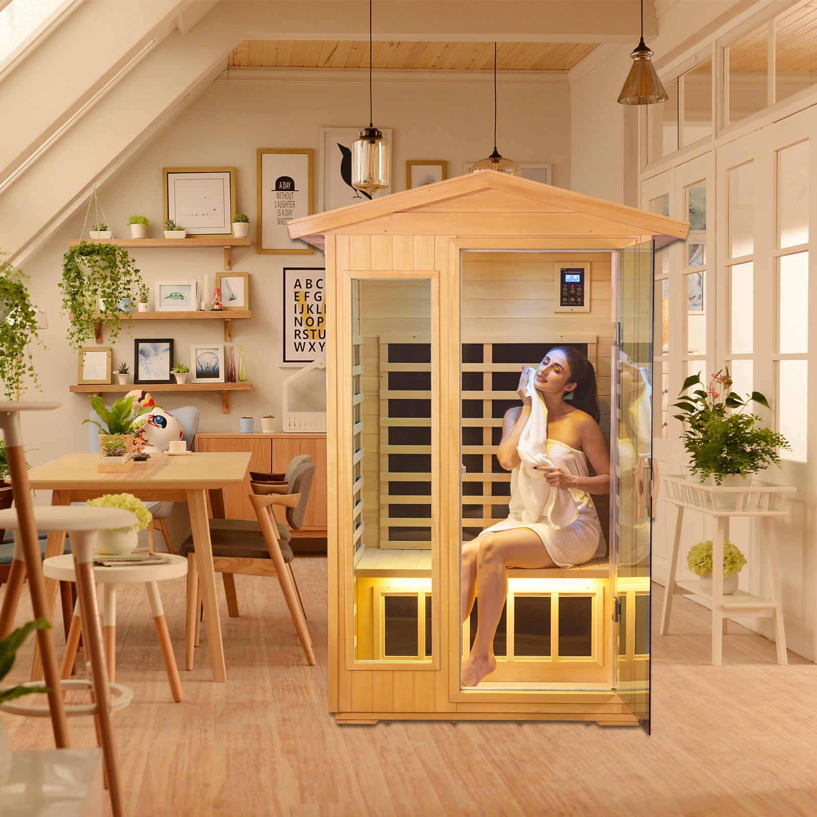 Two Person Basswood Far Infrared Outdoor Sauna Room Natural Wood Solid Wood