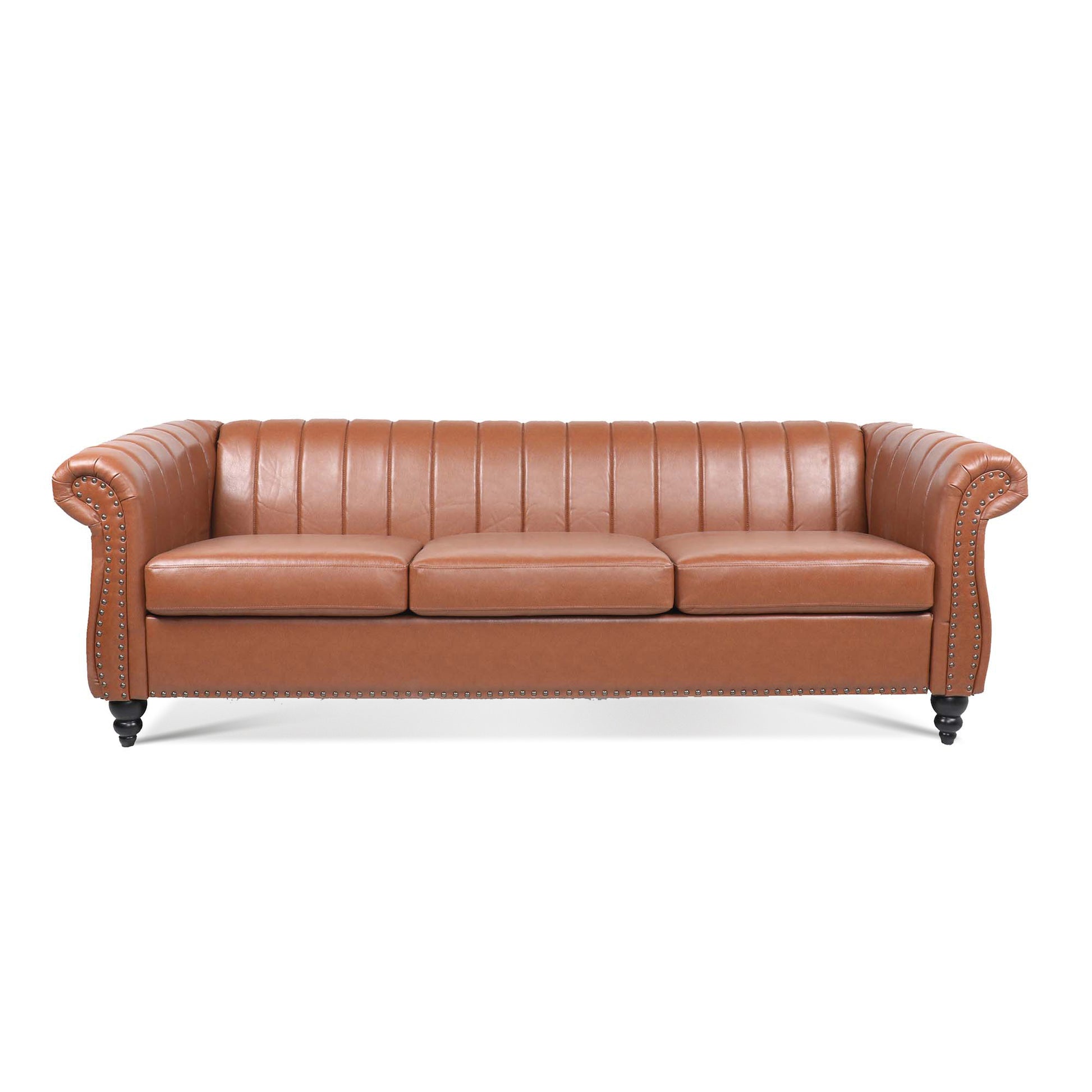 83.46" Brown Pu Rolled Arm Chesterfield Three Seater Sofa. Brown Pu
