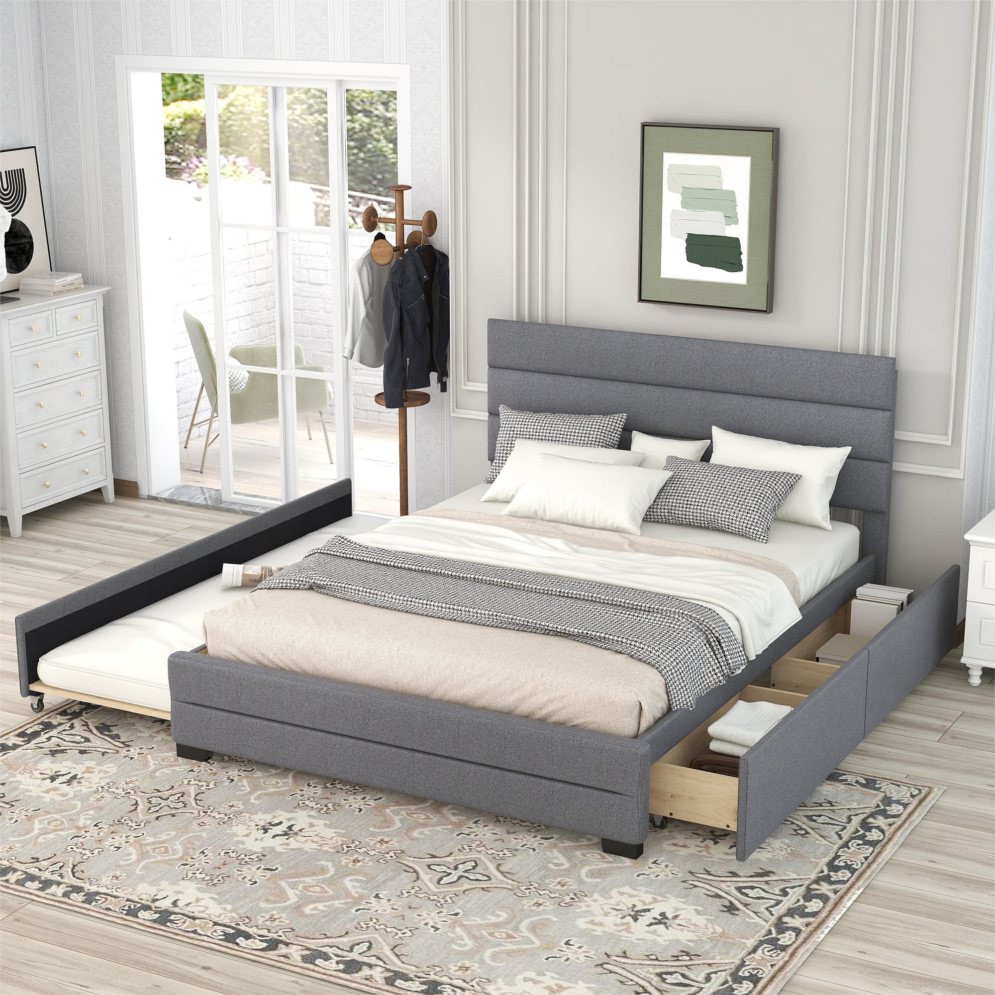 Queen Upholstered Platform Bed With Twin Size Trundle And Two Drawers,Grey Queen Grey Upholstered