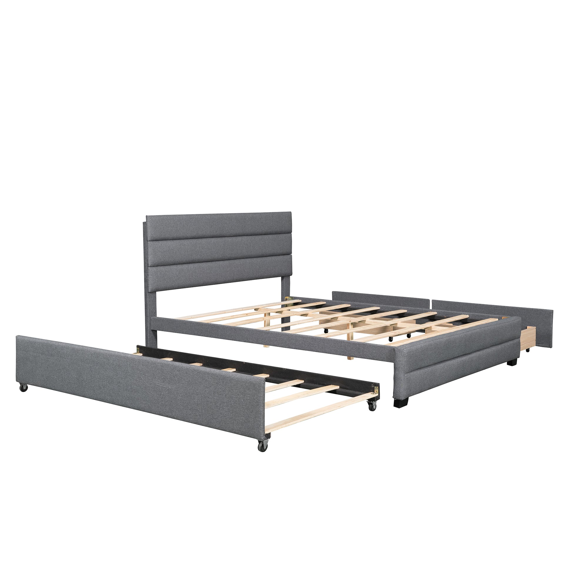 Queen Upholstered Platform Bed With Twin Size Trundle And Two Drawers,Grey Queen Grey Upholstered