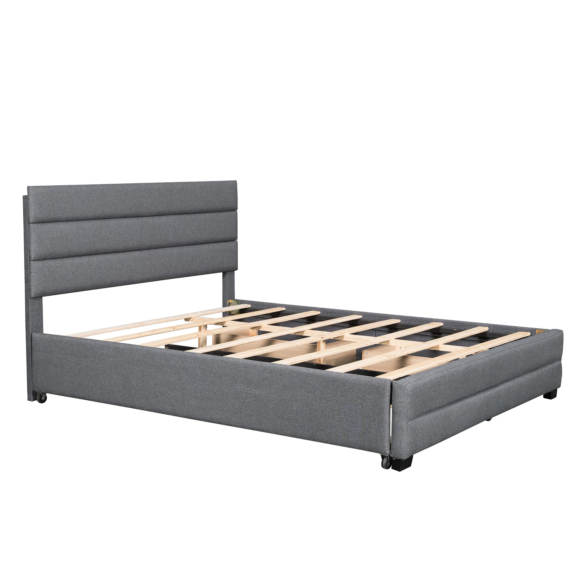 Queen Upholstered Platform Bed With Twin Size Trundle And Two Drawers,Grey Queen Grey Upholstered