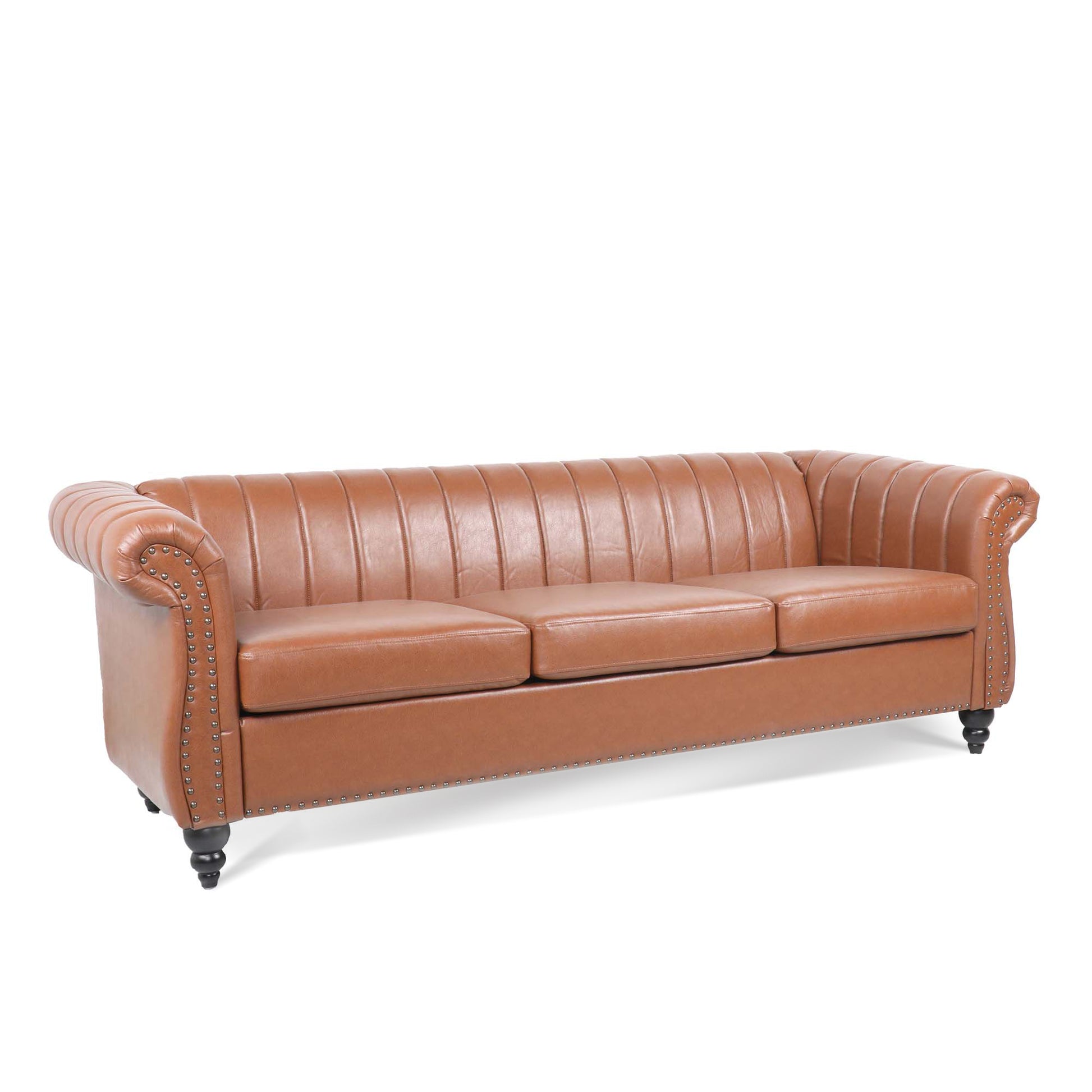 83.46" Brown Pu Rolled Arm Chesterfield Three Seater Sofa. Brown Pu