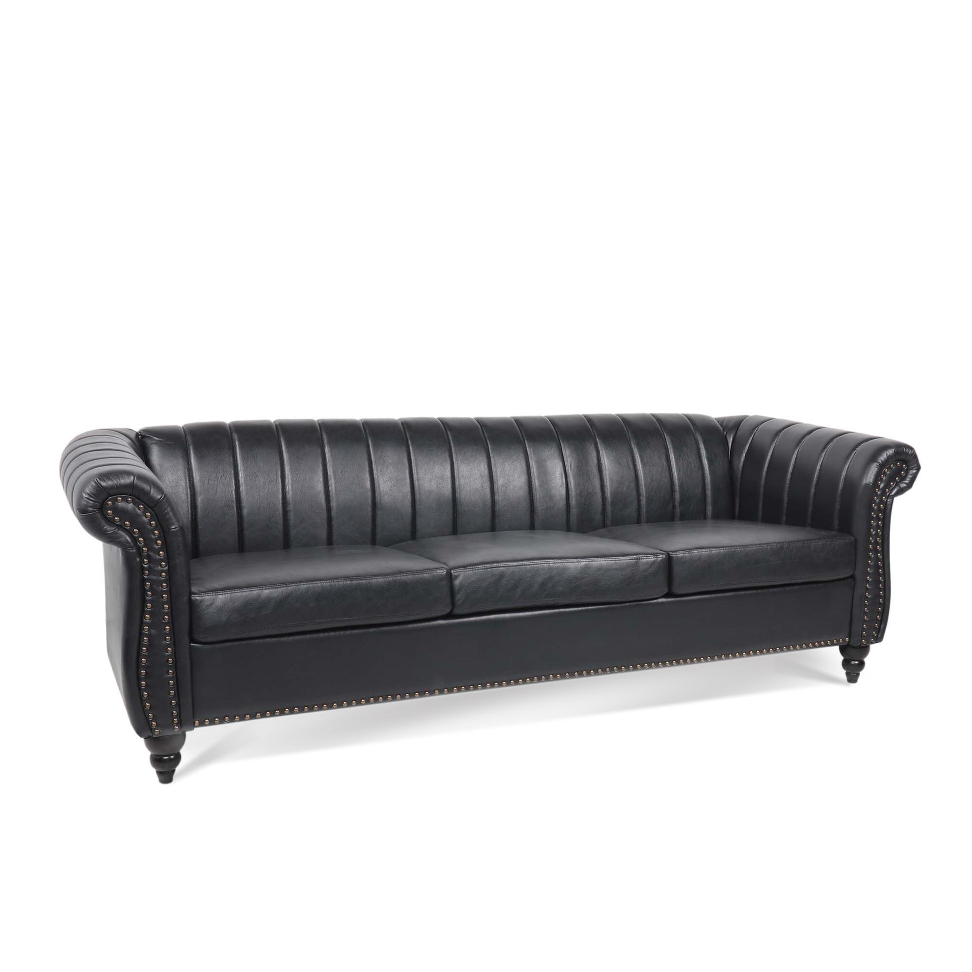 83.46'' Black Pu Rolled Arm Chesterfield Three Seater Sofa. Black Pu
