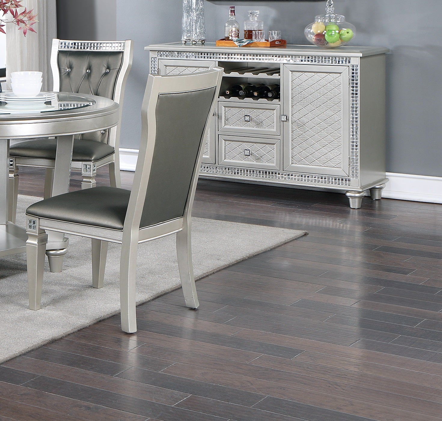 Antique Traditional Dining Table And 6 Side Chairs Rectangle Table Top W Glass Insert Leaf Tufted Chairs Kitchen Formal 7Pc Set Dining Room Furniture Silver Gray Dining Room Classic,Traditional Rubberwood Kitchen & Dining Tables Solid Wood