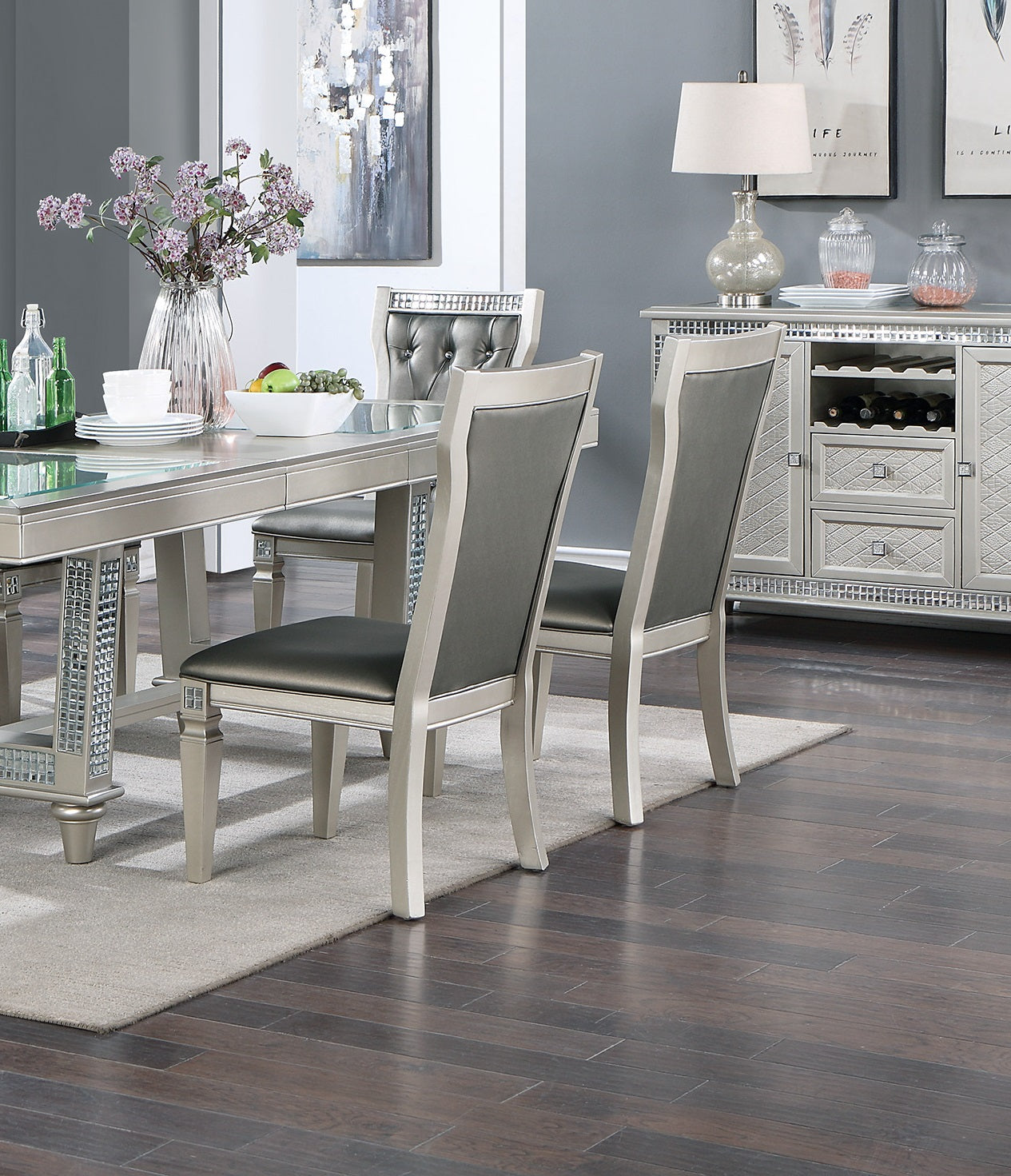 Antique Traditional Dining Table And 6 Side Chairs Rectangle Table Top W Glass Insert Leaf Tufted Chairs Kitchen Formal 7Pc Set Dining Room Furniture Silver Gray Dining Room Classic,Traditional Rubberwood Kitchen & Dining Tables Solid Wood