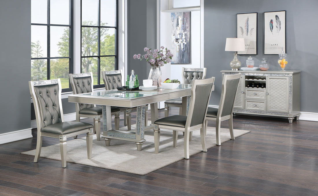 Antique Traditional Dining Table And 6 Side Chairs Rectangle Table Top W Glass Insert Leaf Tufted Chairs Kitchen Formal 7Pc Set Dining Room Furniture Silver Gray Dining Room Classic,Traditional Rubberwood Kitchen & Dining Tables Solid Wood
