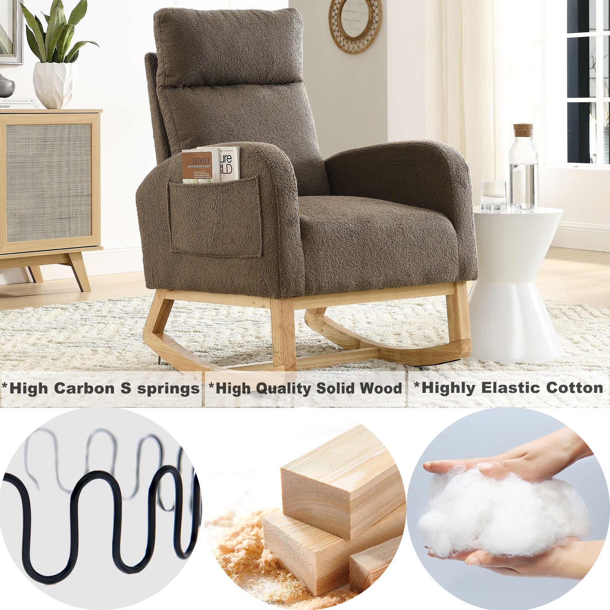 Video Welike 27.6"W Modern Accent High Backrest Living Room Lounge Arm Rocking Chair, Two Side Pocket W83453338 Coffee Foam Fabric