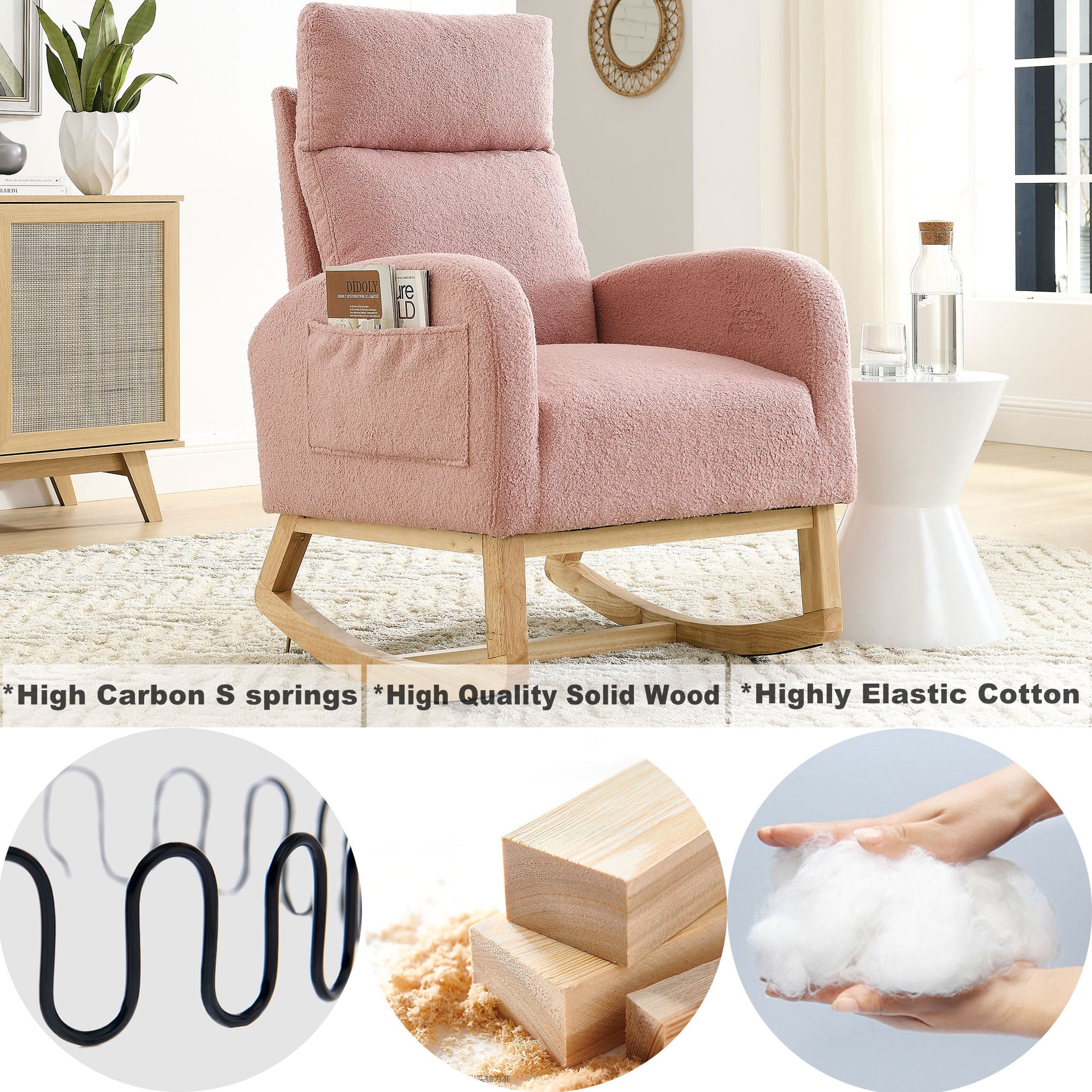Video Welike 27.6"W Modern Accent High Backrest Living Room Lounge Arm Rocking Chair, Two Side Pocket W83453340 Pink Teddy Foam Fabric