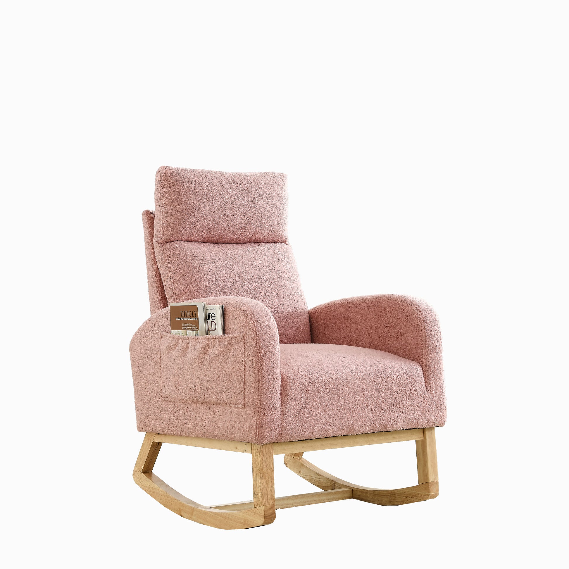 Video Welike 27.6"W Modern Accent High Backrest Living Room Lounge Arm Rocking Chair, Two Side Pocket W83453340 Pink Teddy Foam Fabric