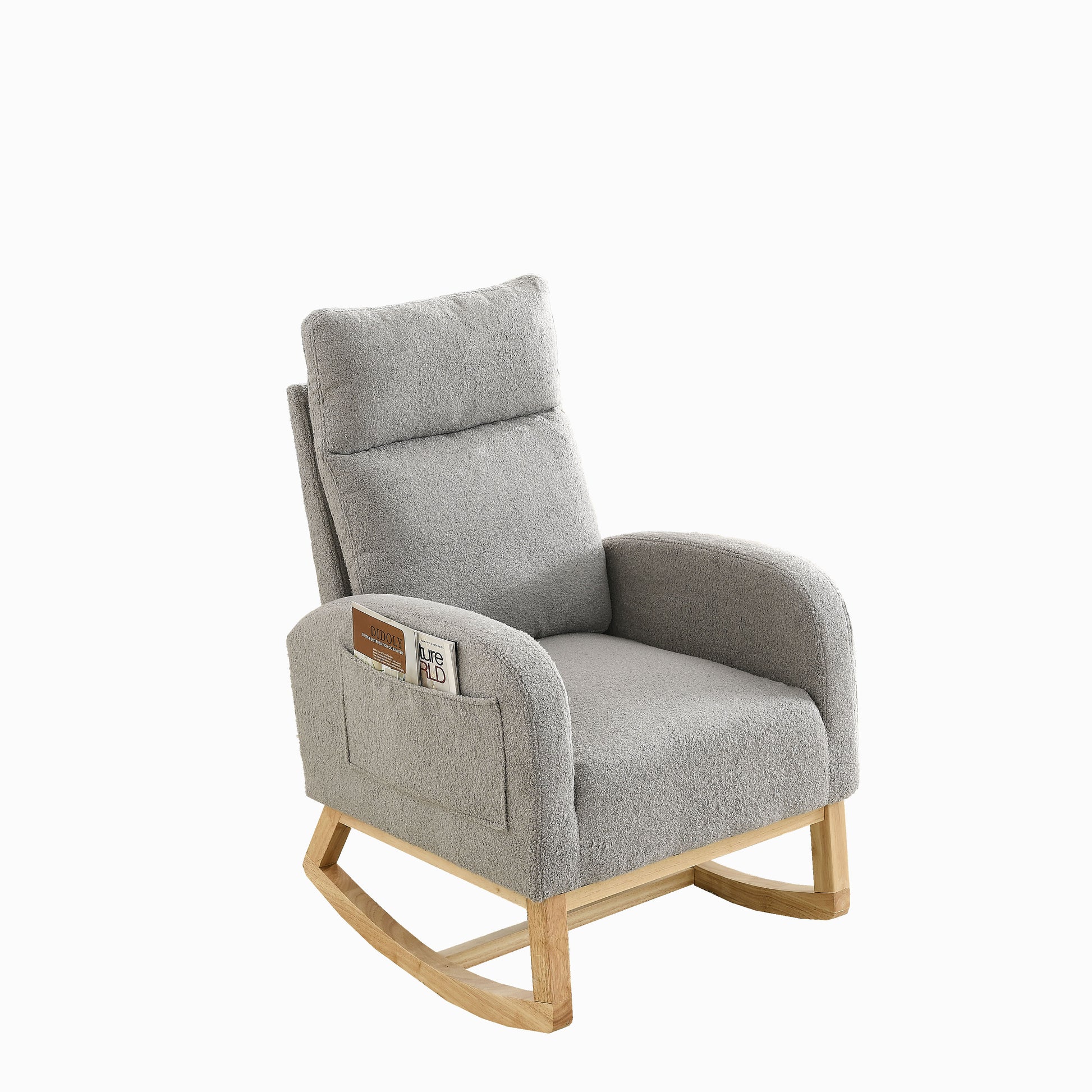 Video Welike 27.6"W Modern Accent High Backrest Living Room Lounge Arm Rocking Chair, Two Side Pocket W83453336 Grey Teddy Foam Fabric
