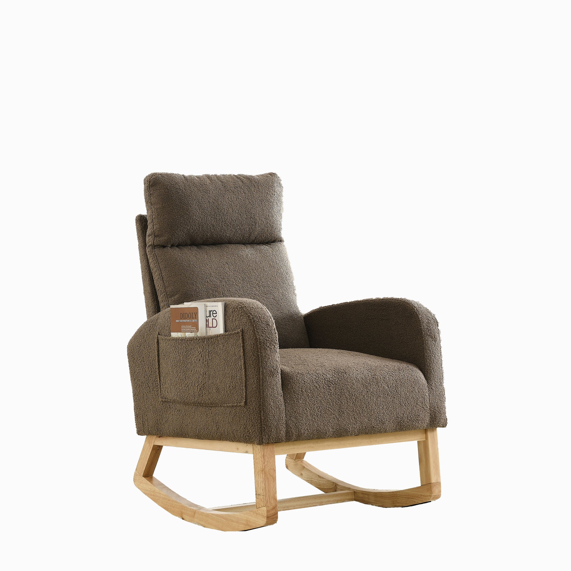 Video Welike 27.6"W Modern Accent High Backrest Living Room Lounge Arm Rocking Chair, Two Side Pocket W83453338 Coffee Foam Fabric