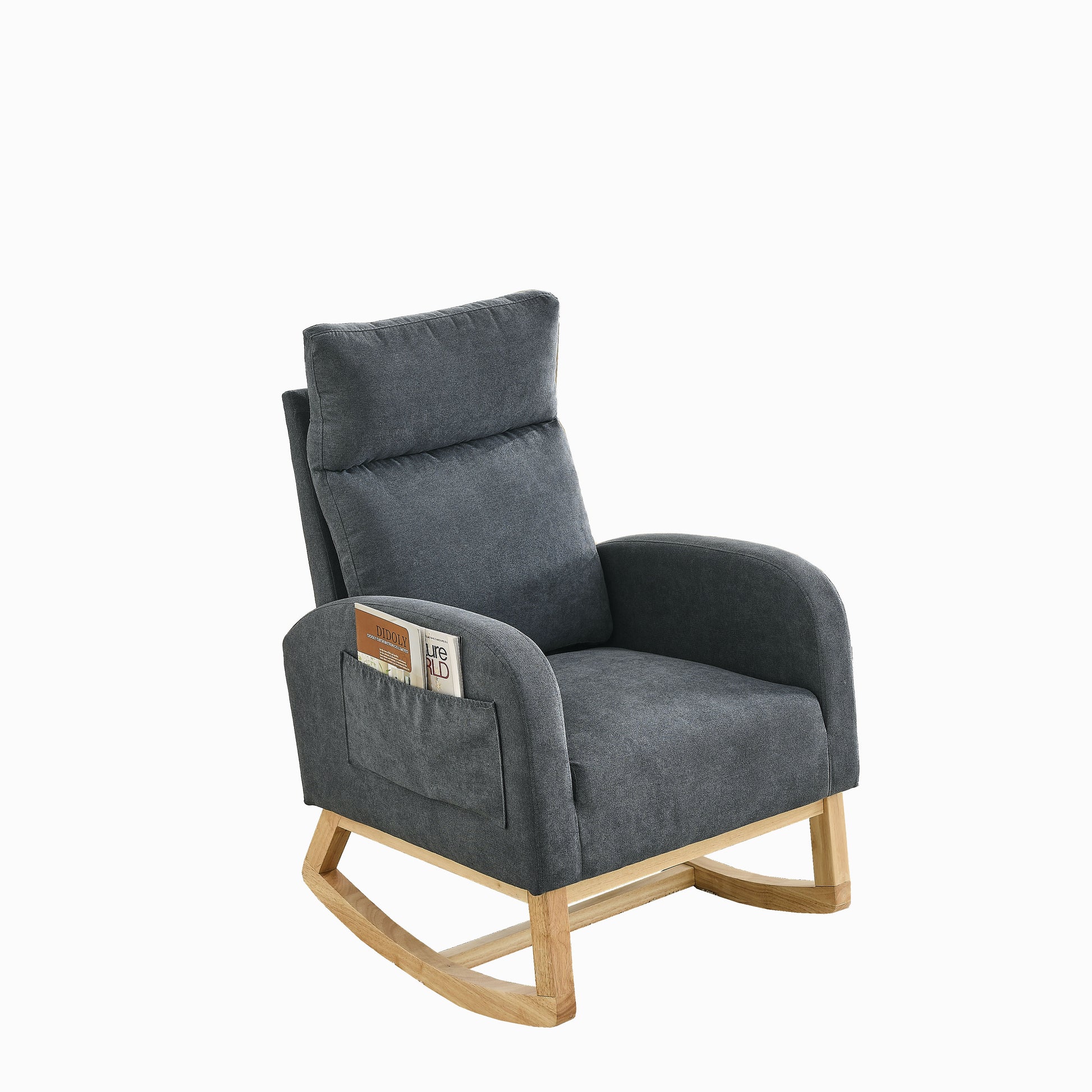 Video Welike 27.6"W Modern Accent High Backrest Living Room Lounge Arm Rocking Chair, Two Side Pocket W83453347 Dark Grey Foam Fabric