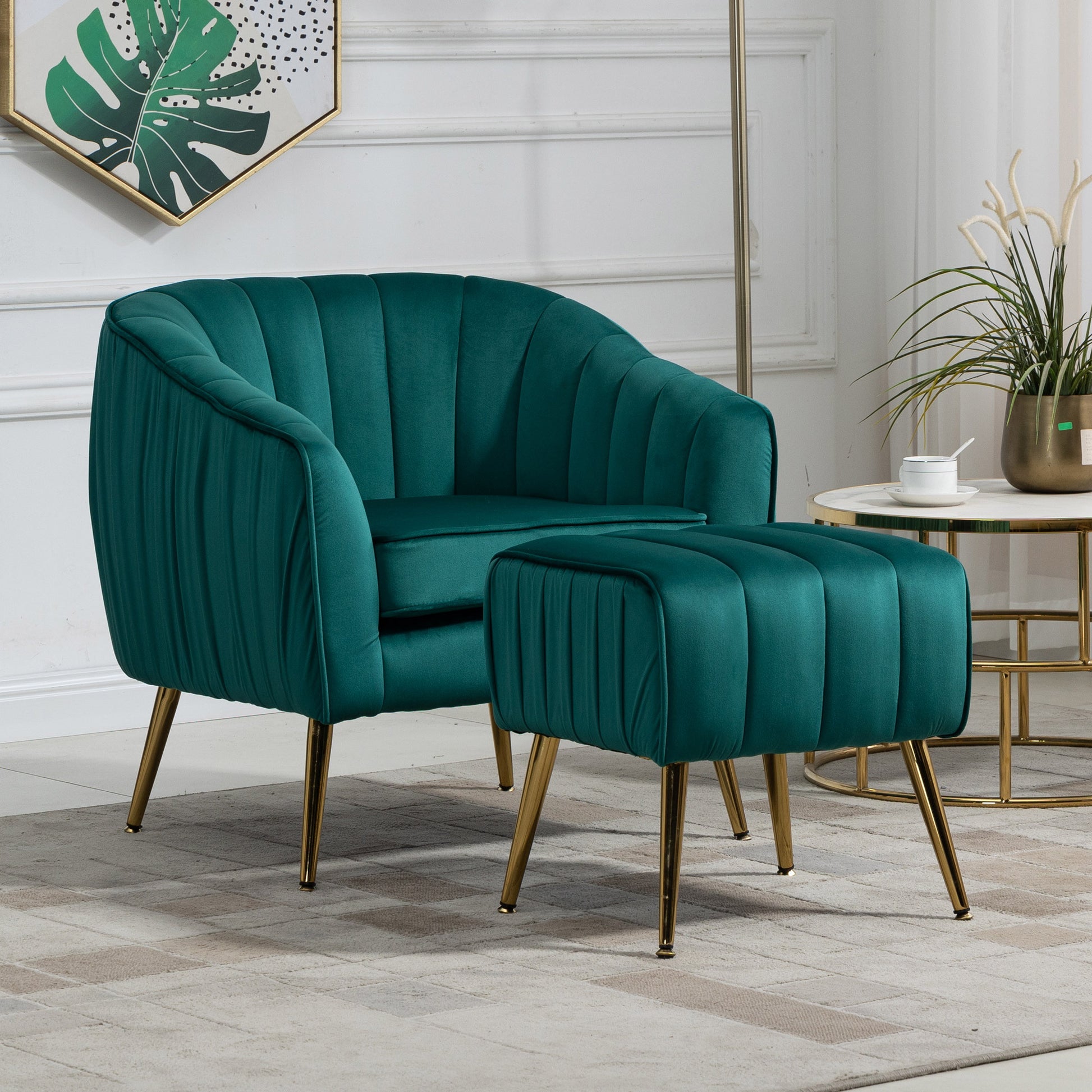Velvet Accent Chair With Ottoman, Modern Tufted Barrel Chair Ottoman Set For Living Room Bedroom, Golden Finished, Christmas Green Green Foam Velvet