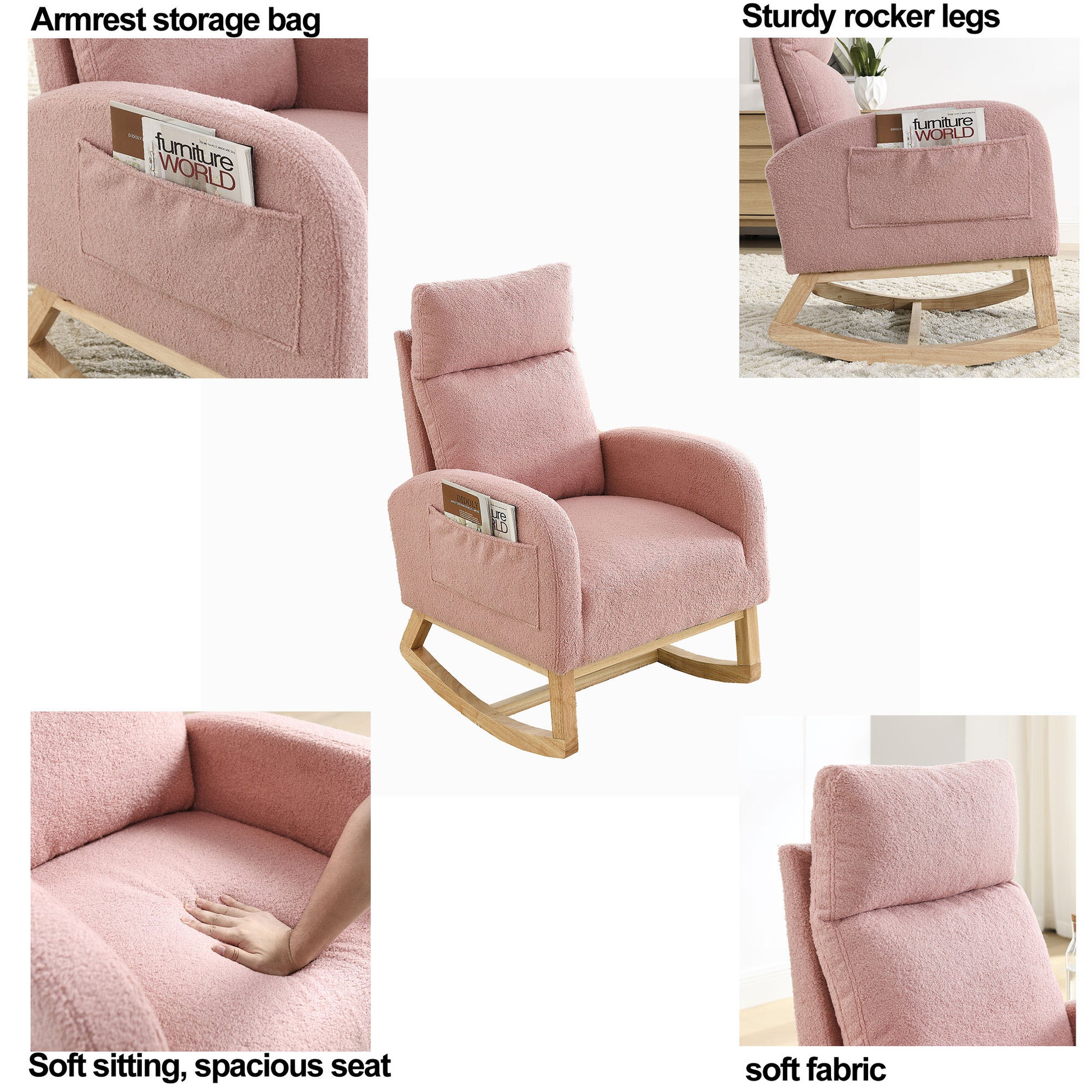 Video Welike 27.6"W Modern Accent High Backrest Living Room Lounge Arm Rocking Chair, Two Side Pocket W83453340 Pink Teddy Foam Fabric