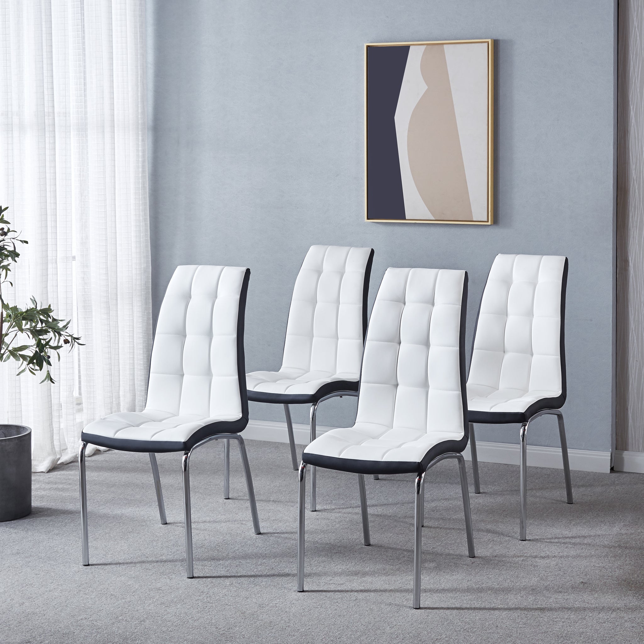 Modern Lattice Designdining Chair With Silver Metal Legs Set Of 4 Black White Leather