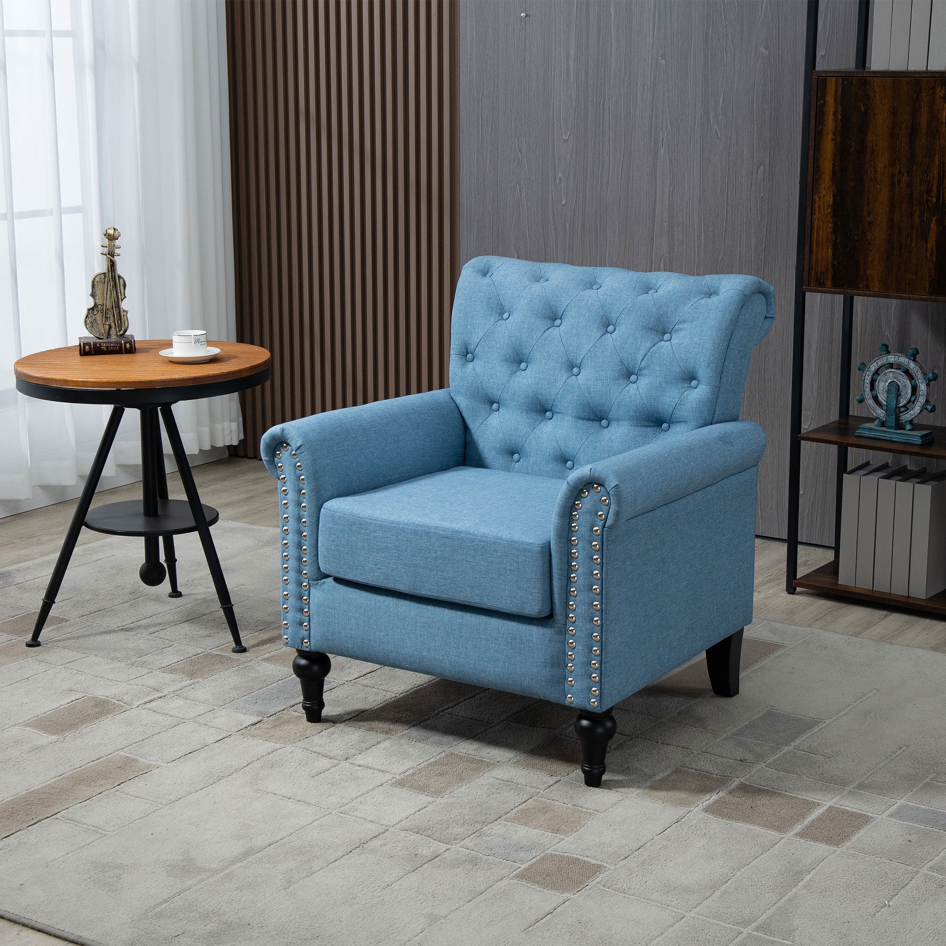 Mid Century Modern Accent Chair, Linen Armchair W Tufted Back Wood Legs, Upholstered Lounge Arm Chair Single Sofa For Living Room Bedroom,Light Blue Light Blue Foam Linen
