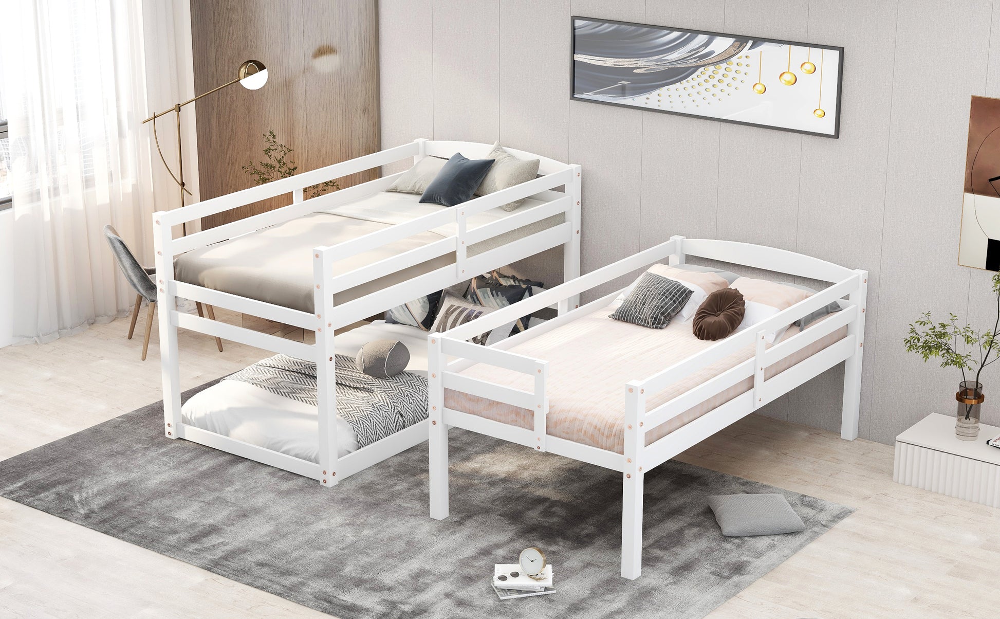 Twin Size Triple Bunk Bed With Storage Staircase,Separate Design,White White Pine