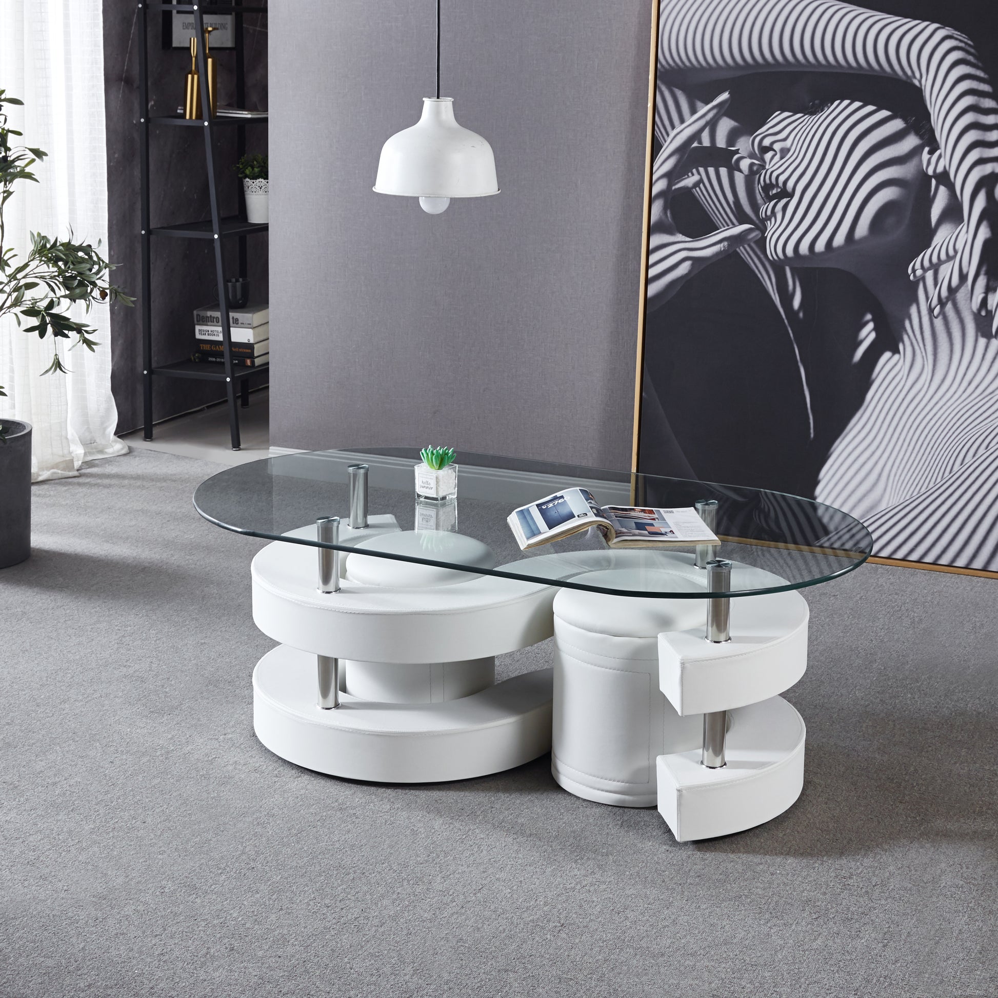 3 Pieces Coffee Table Set, Oval 10Mm 0.39" Thick Tempered Glass Table And 2 Leather Stools White Glass