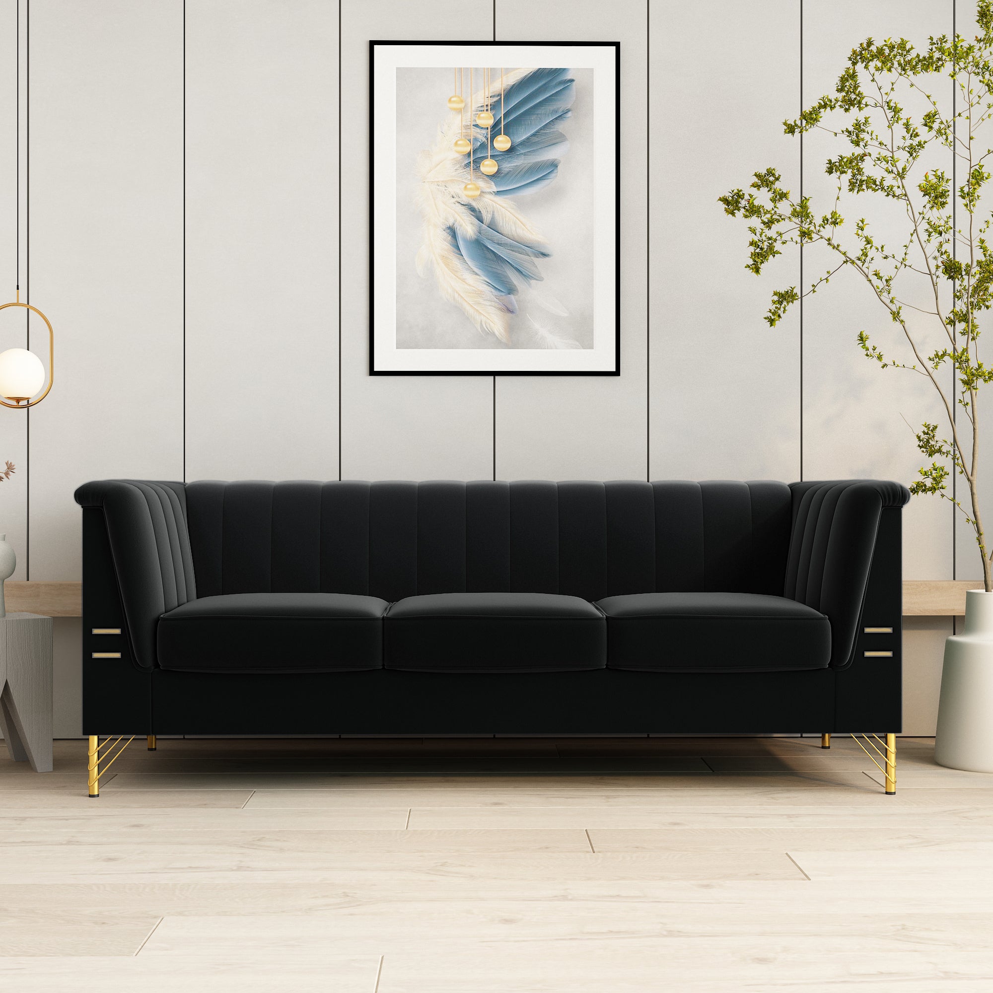 Fx P82 Bk Sofa Modern Sofa Couches For Living Room, 82.67Inches Velvet Velvet Tight Back Chesterfield Design Couch Upholstered Sofa With Metal Legs Decor Furniture For Bedroom Black Velvet 3 Seat
