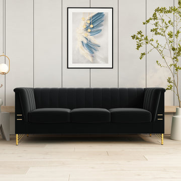Fx P82 Bk Sofa Modern Sofa Couches For Living Room, 82.67Inches Velvet Velvet Tight Back Chesterfield Design Couch Upholstered Sofa With Metal Legs Decor Furniture For Bedroom Black Velvet 3 Seat