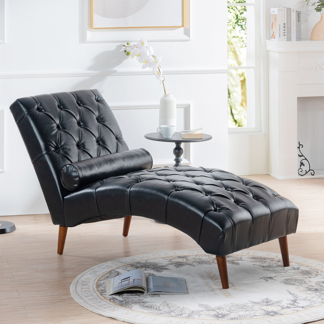 Upholstered Chaise Lounge Black Pu