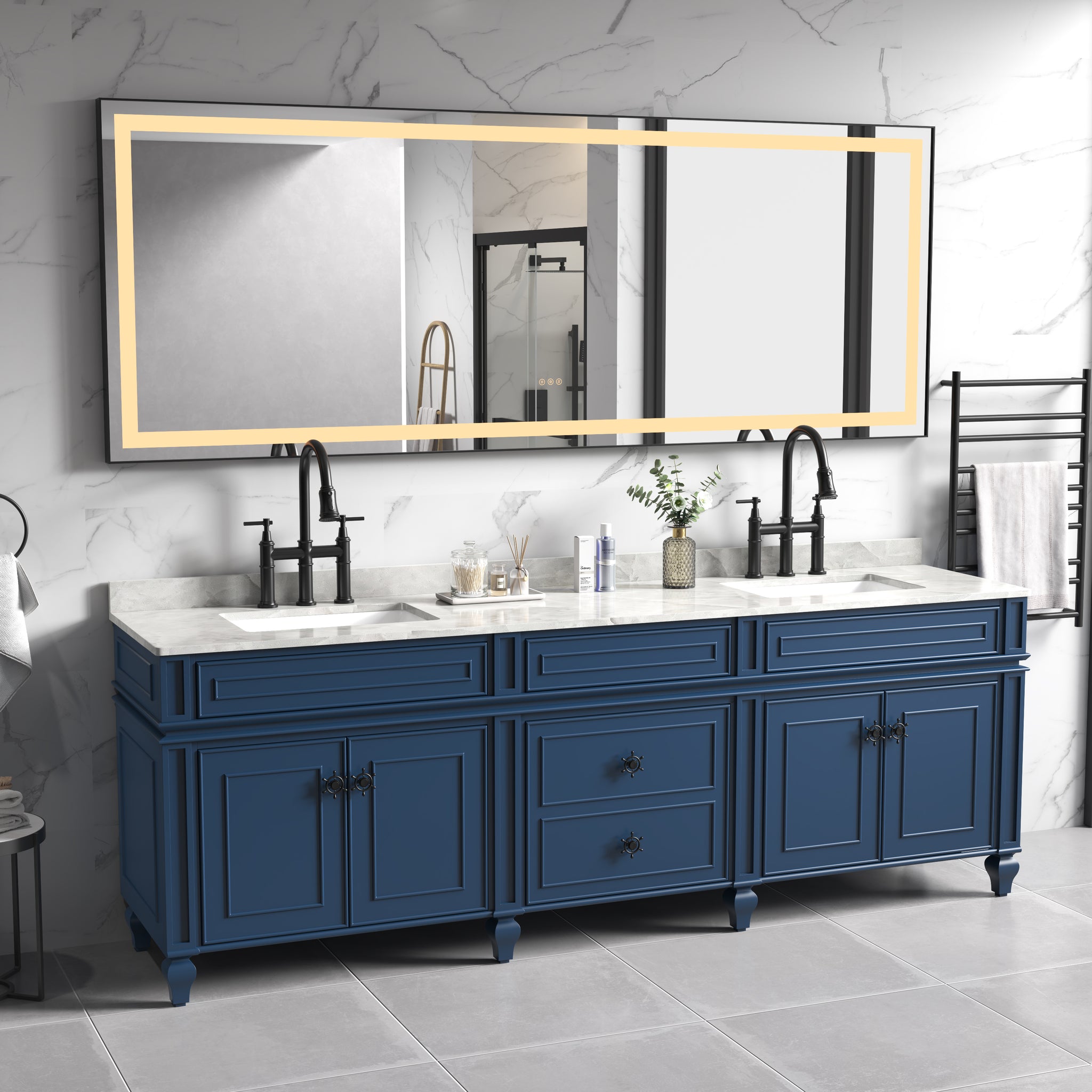 96In. W X36 In. H Framed Led Single Bathroom Vanity Mirror In Polished Crystal Bathroom Vanity Led Mirror With 3 Color Lights Mirror For Bathroom Wall Matte Black Aluminum