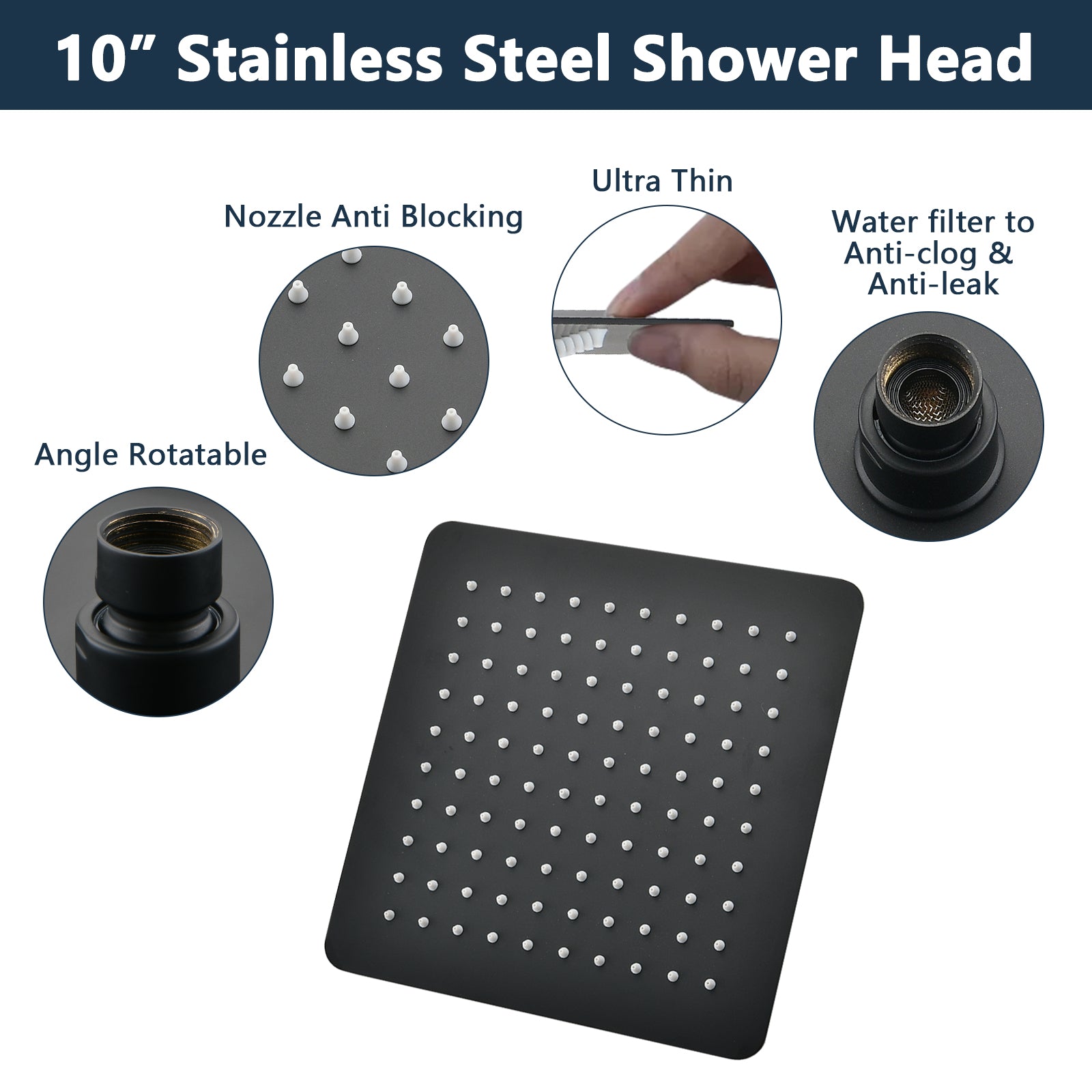 10" Square Rainfall & High Pressure Stainless Steel Bath Shower Head Matte Black Matte Black Metal