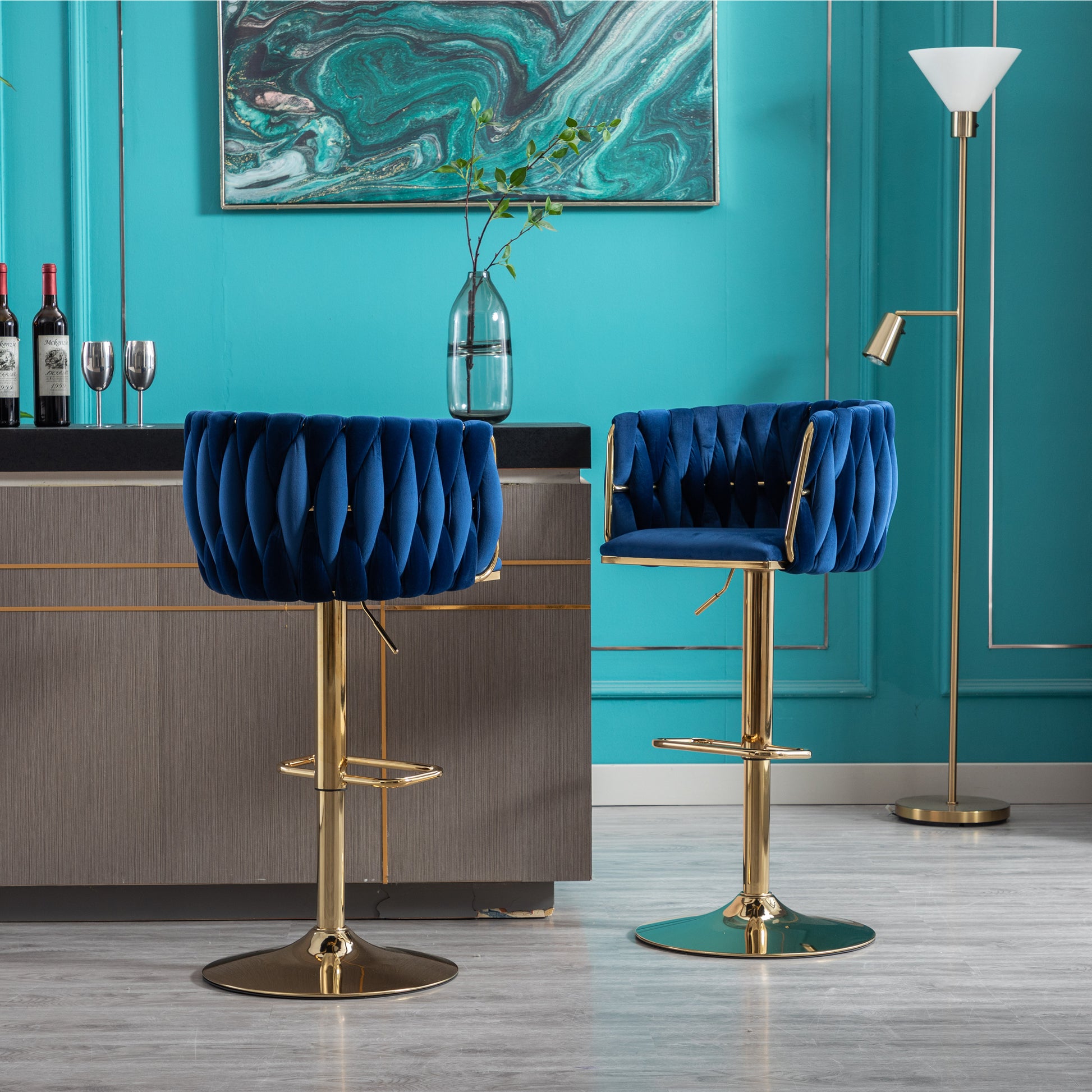Set Of 2 Bar Stools,With Chrome Footrest And Base Swivel Height Adjustable Mechanical Lifting Velvet Golden Leg Simple Bar Stool Navy Navy Foam Fabric