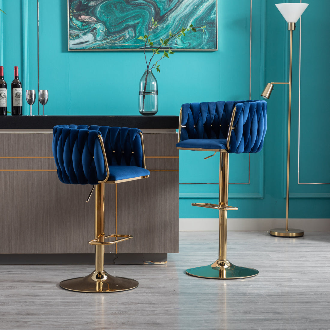 Set Of 2 Bar Stools,With Chrome Footrest And Base Swivel Height Adjustable Mechanical Lifting Velvet Golden Leg Simple Bar Stool Navy Navy Foam Fabric