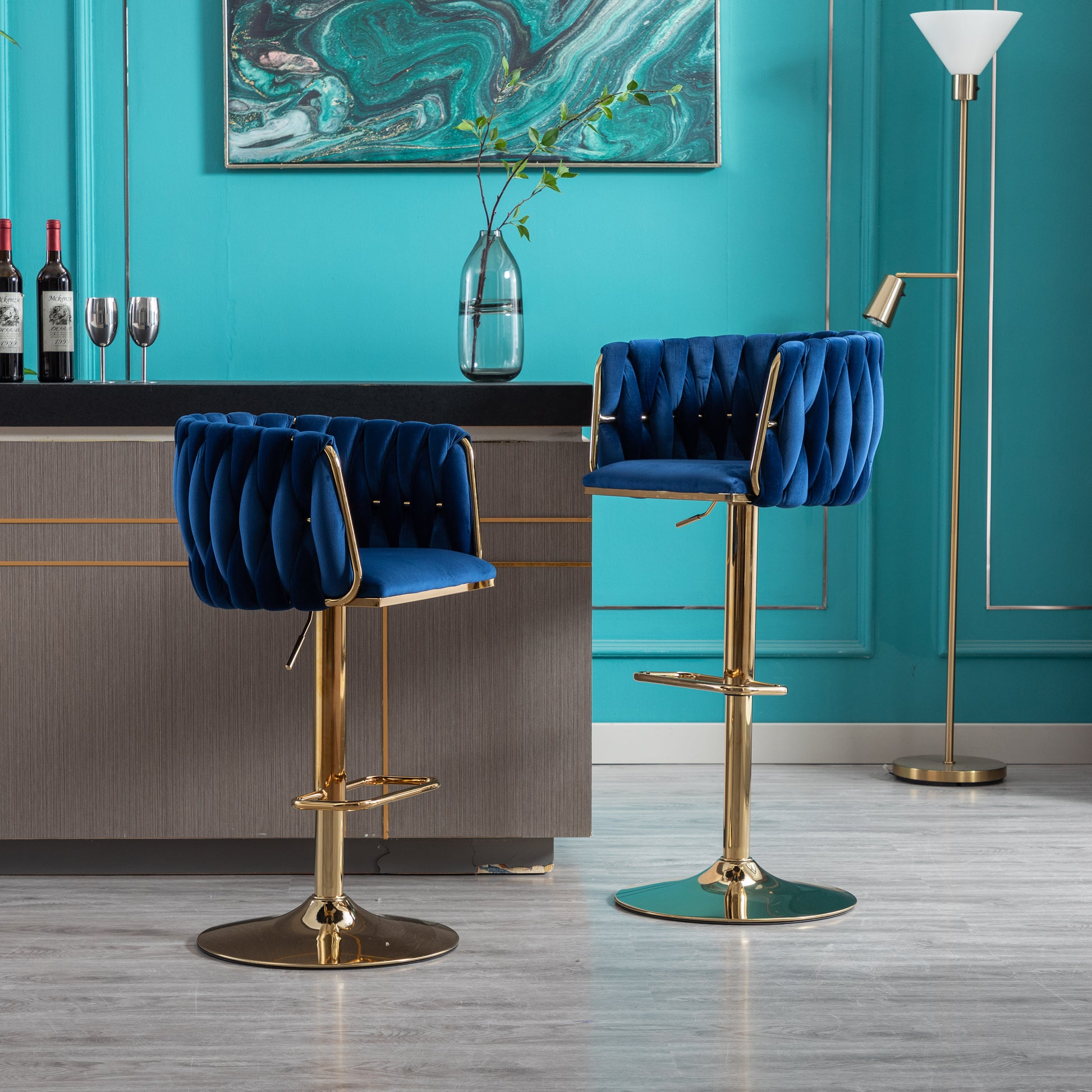 Set Of 2 Bar Stools,With Chrome Footrest And Base Swivel Height Adjustable Mechanical Lifting Velvet Golden Leg Simple Bar Stool Navy Navy Foam Fabric