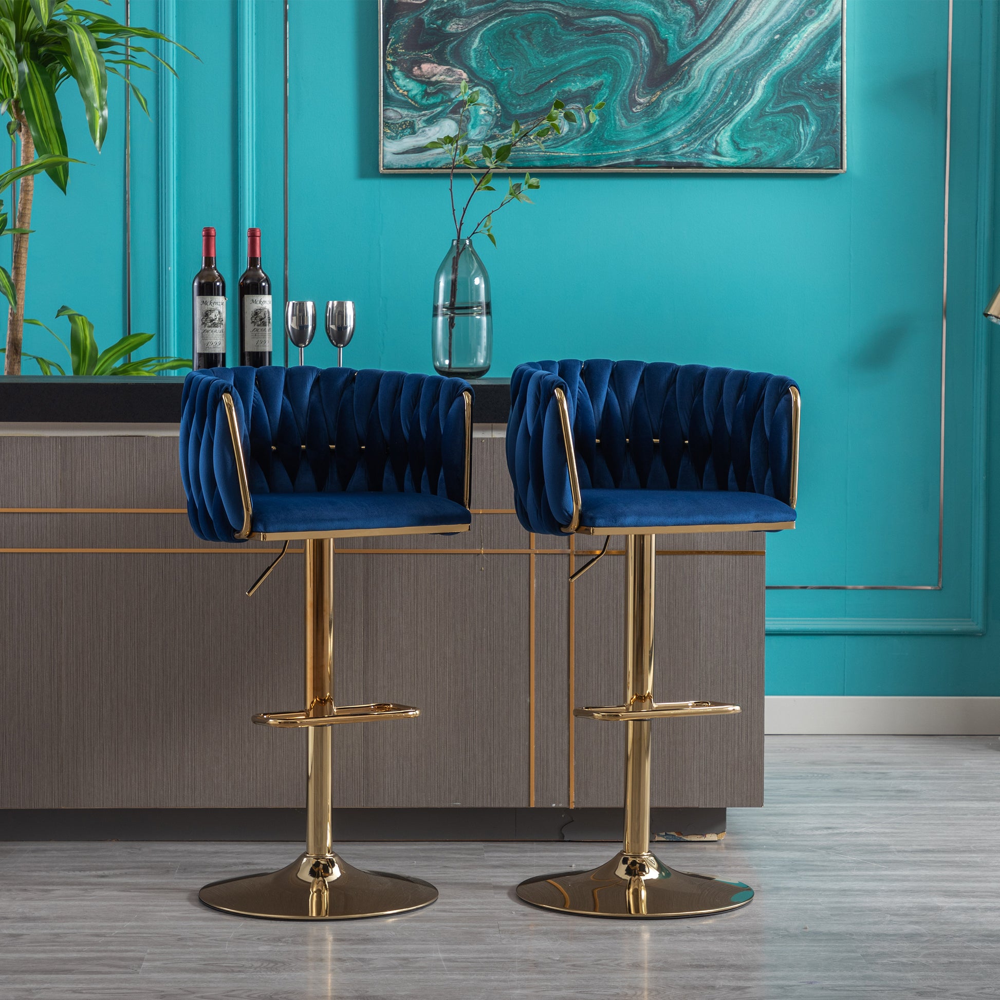 Set Of 2 Bar Stools,With Chrome Footrest And Base Swivel Height Adjustable Mechanical Lifting Velvet Golden Leg Simple Bar Stool Navy Navy Foam Fabric