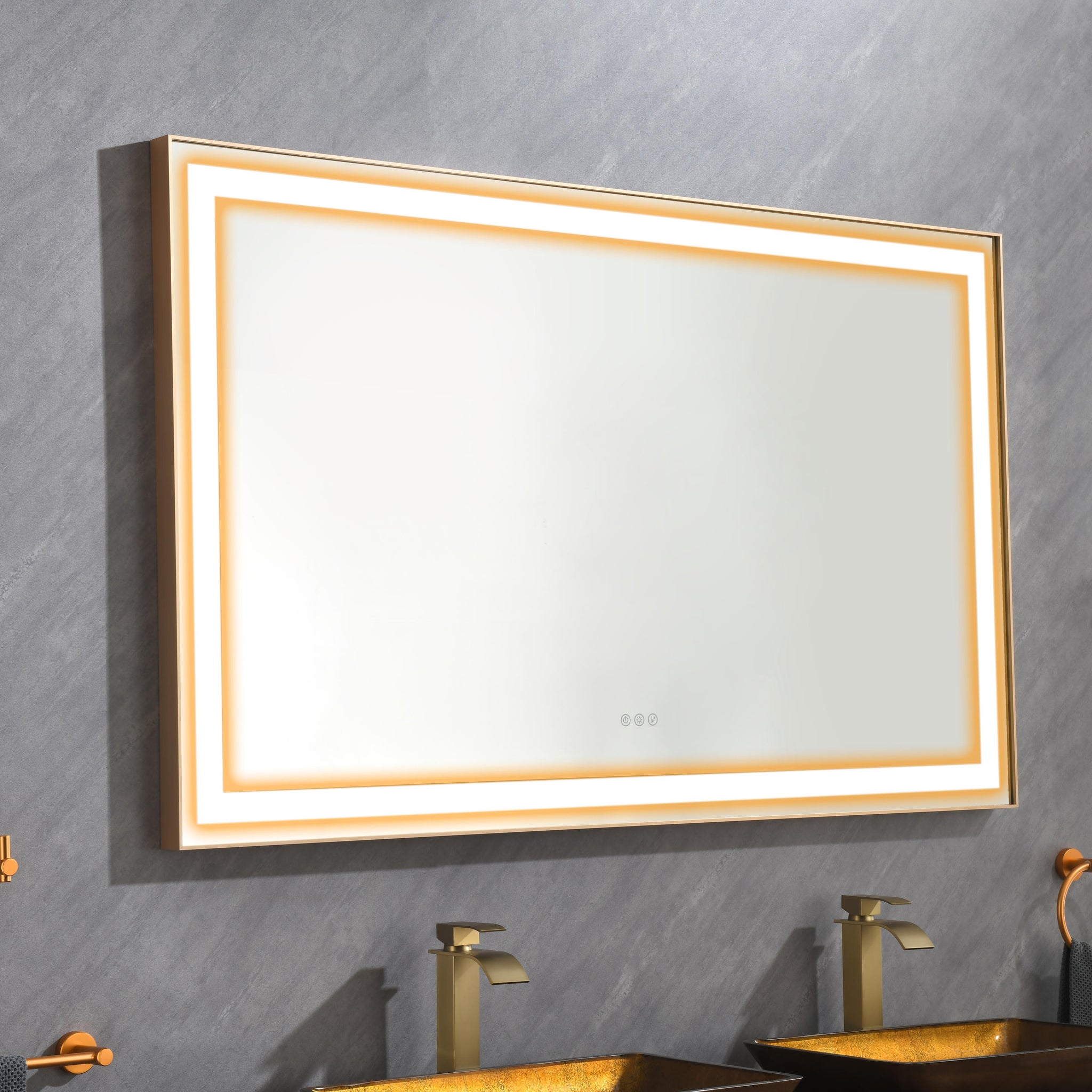 72*36 Led Lighted Bathroom Wall Mounted Mirror With High Lumen Anti Fog Separately Control Gold Aluminium