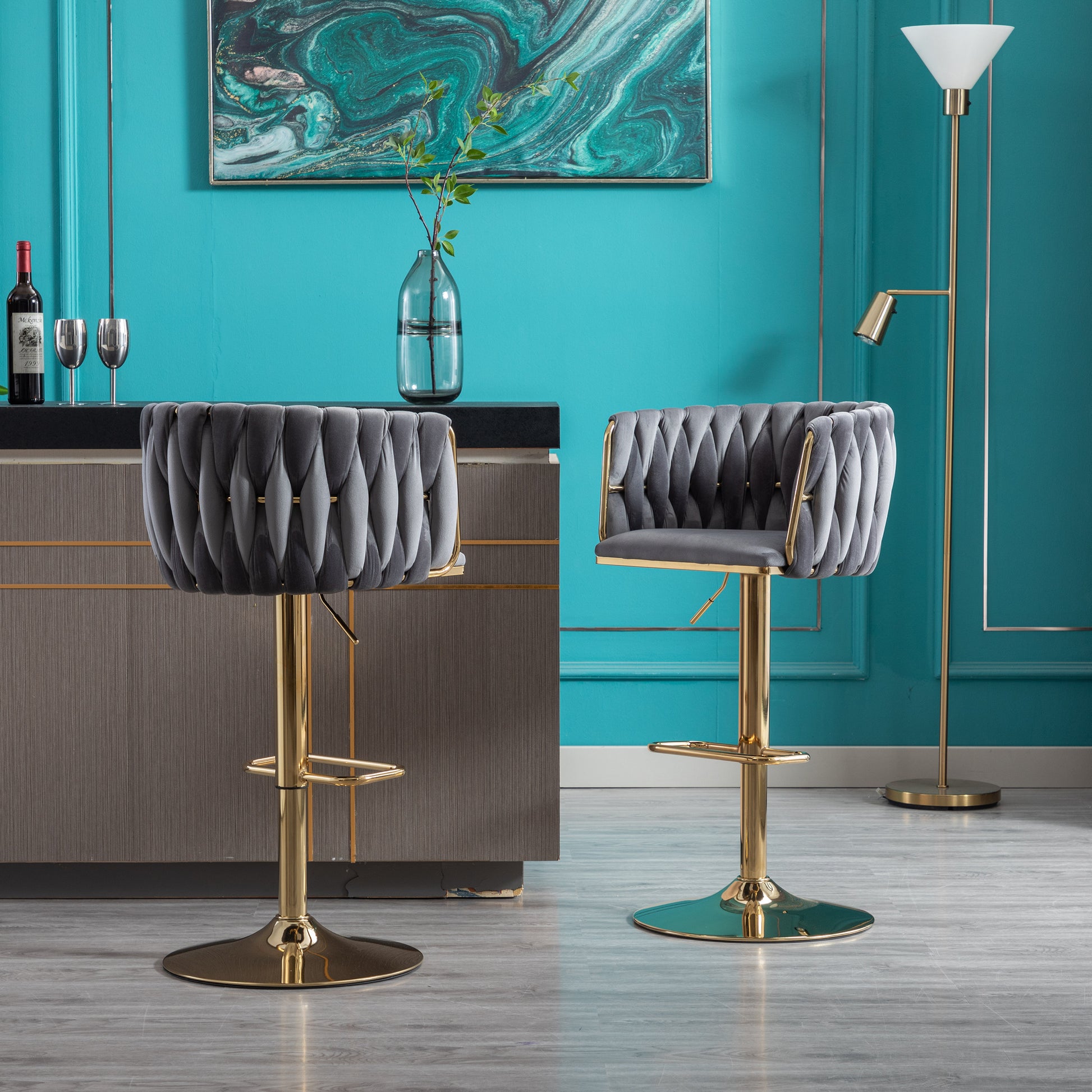 Set Of 2 Bar Stools,With Chrome Footrest And Base Swivel Height Adjustable Mechanical Lifting Velvet Golden Leg Simple Bar Stool Grey Grey Foam Fabric
