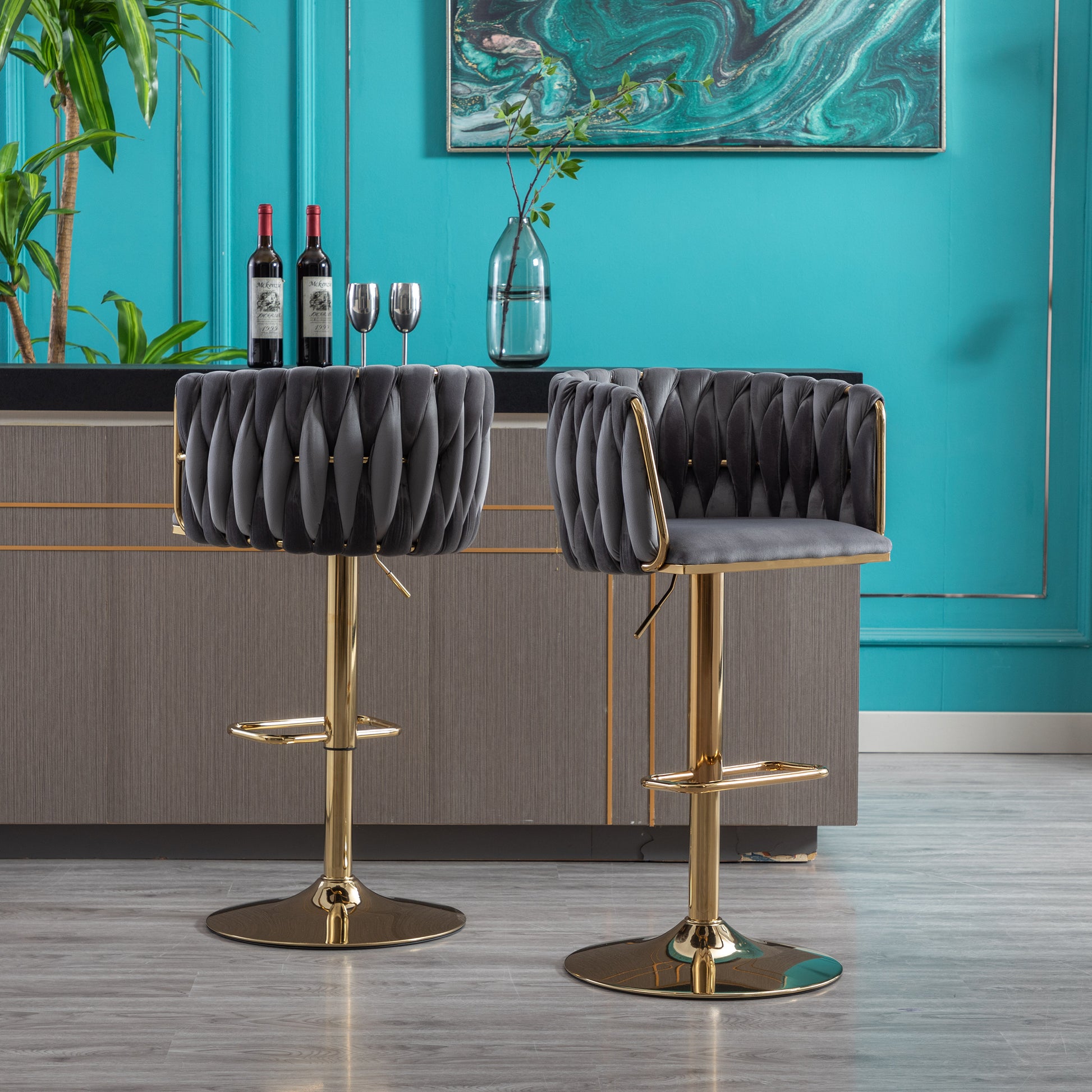 Set Of 2 Bar Stools,With Chrome Footrest And Base Swivel Height Adjustable Mechanical Lifting Velvet Golden Leg Simple Bar Stool Grey Grey Foam Fabric