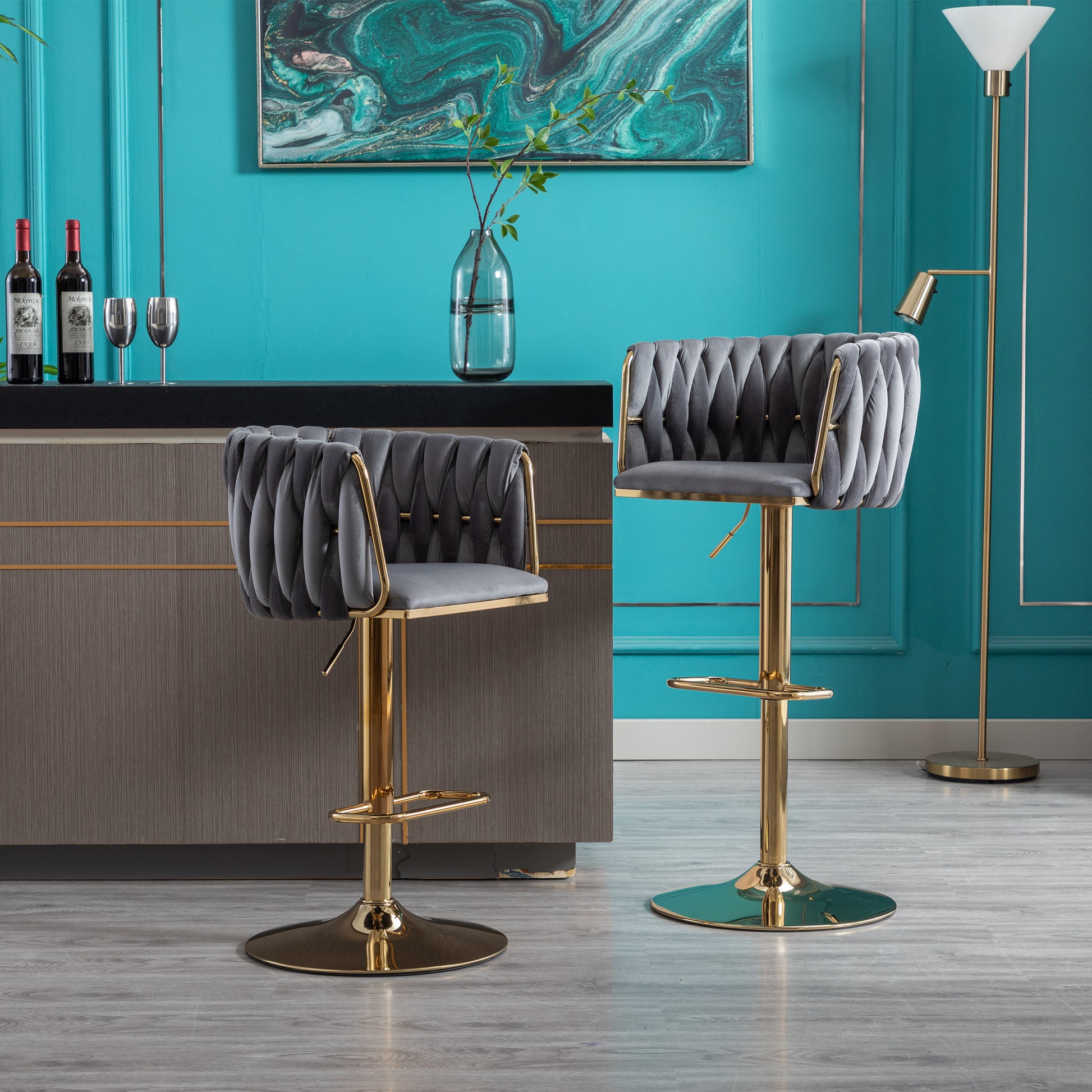 Set Of 2 Bar Stools,With Chrome Footrest And Base Swivel Height Adjustable Mechanical Lifting Velvet Golden Leg Simple Bar Stool Grey Grey Foam Fabric