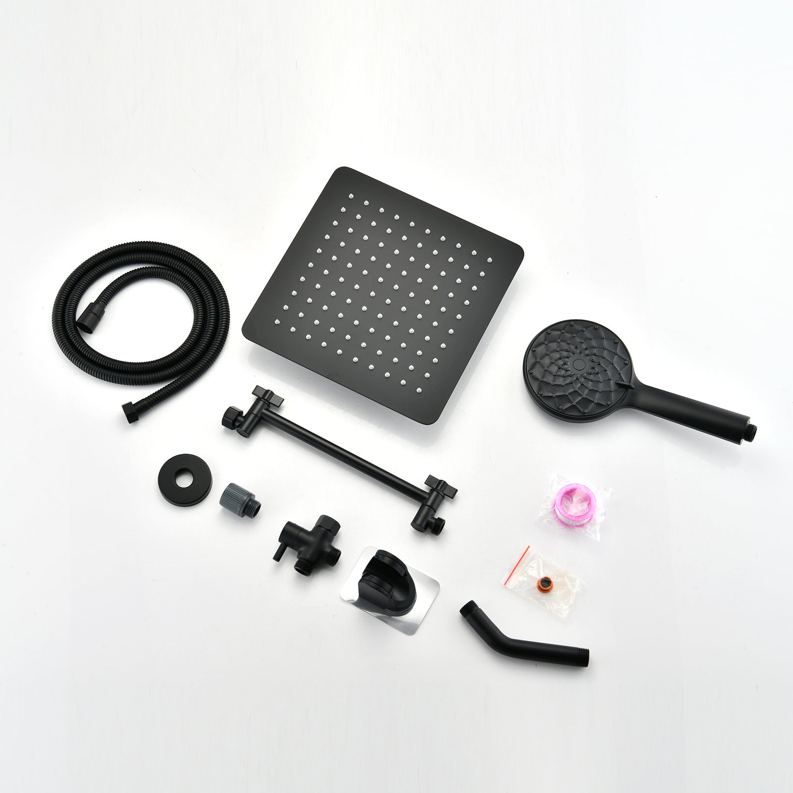 Shower Head, 10 Inch High Pressure Rainfall Shower Head Handheld Shower Combo With 11 Inch Extension Arm, 6 Settings Adjustable Anti Leak Shower Head With Holder Hose, Height Angle Adjustable Matte Black Metal