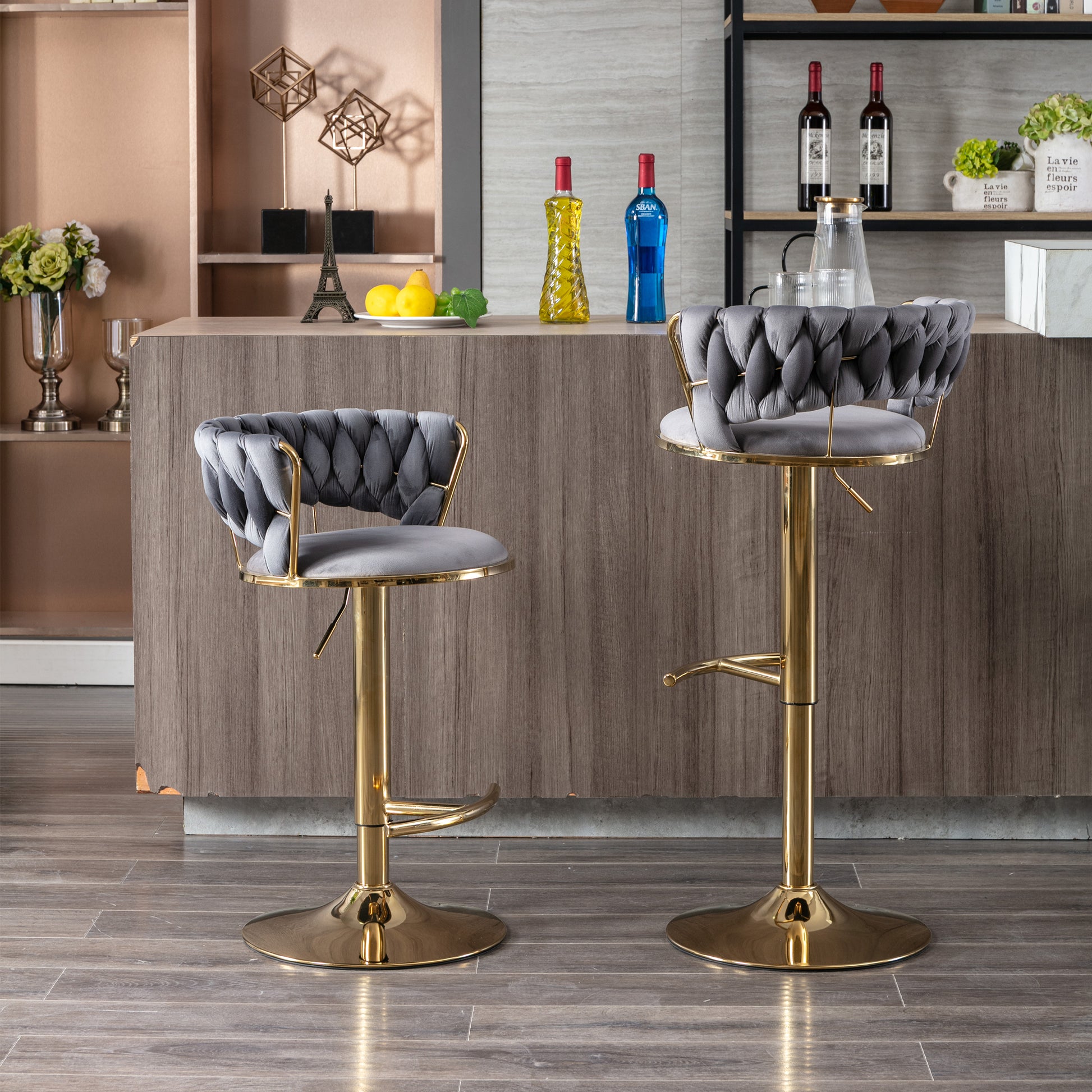 Set Of 2 Bar Stools,With Chrome Footrest And Base Swivel Height Adjustable Mechanical Lifting Velvet Golden Leg Simple Bar Stool Gray Gray Foam Fabric