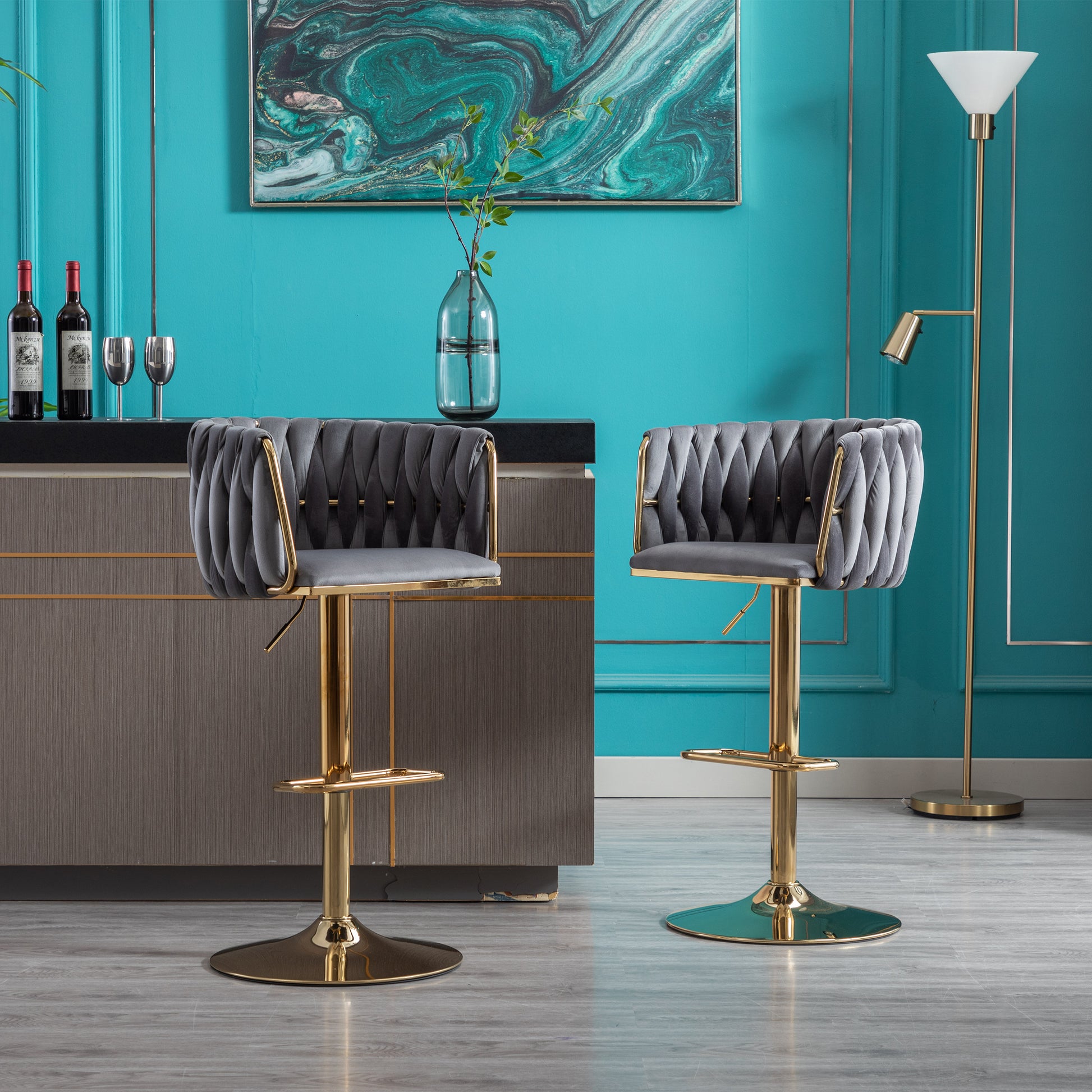 Set Of 2 Bar Stools,With Chrome Footrest And Base Swivel Height Adjustable Mechanical Lifting Velvet Golden Leg Simple Bar Stool Grey Grey Foam Fabric