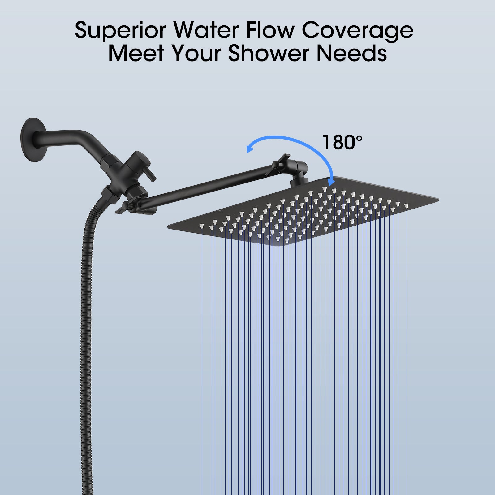 Shower Head, 10 Inch High Pressure Rainfall Shower Head Handheld Shower Combo With 11 Inch Extension Arm, 6 Settings Adjustable Anti Leak Shower Head With Holder Hose, Height Angle Adjustable Matte Black Metal