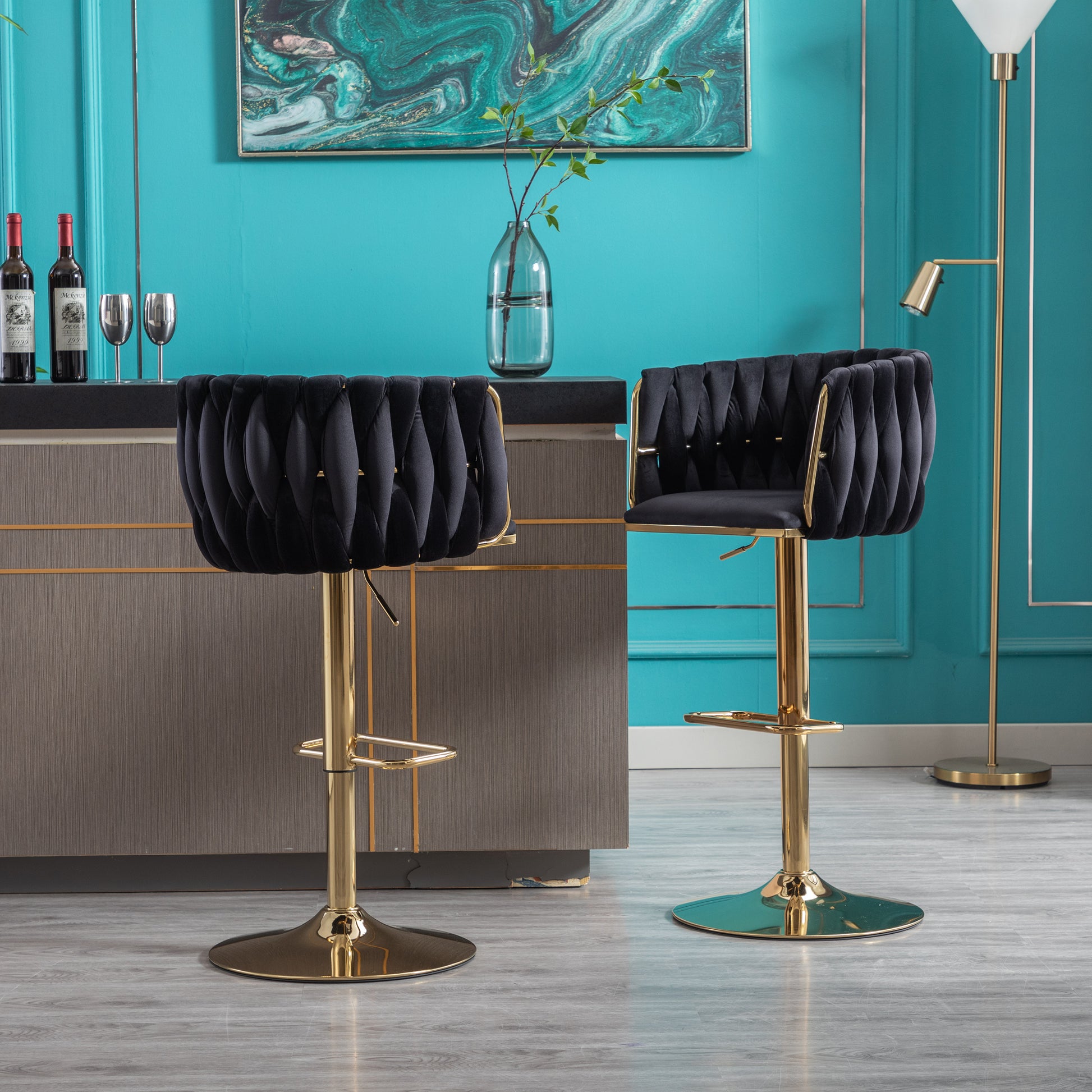 Set Of 2 Bar Stools,With Chrome Footrest And Base Swivel Height Adjustable Mechanical Lifting Velvet Golden Leg Simple Bar Stool Black Black Foam Fabric