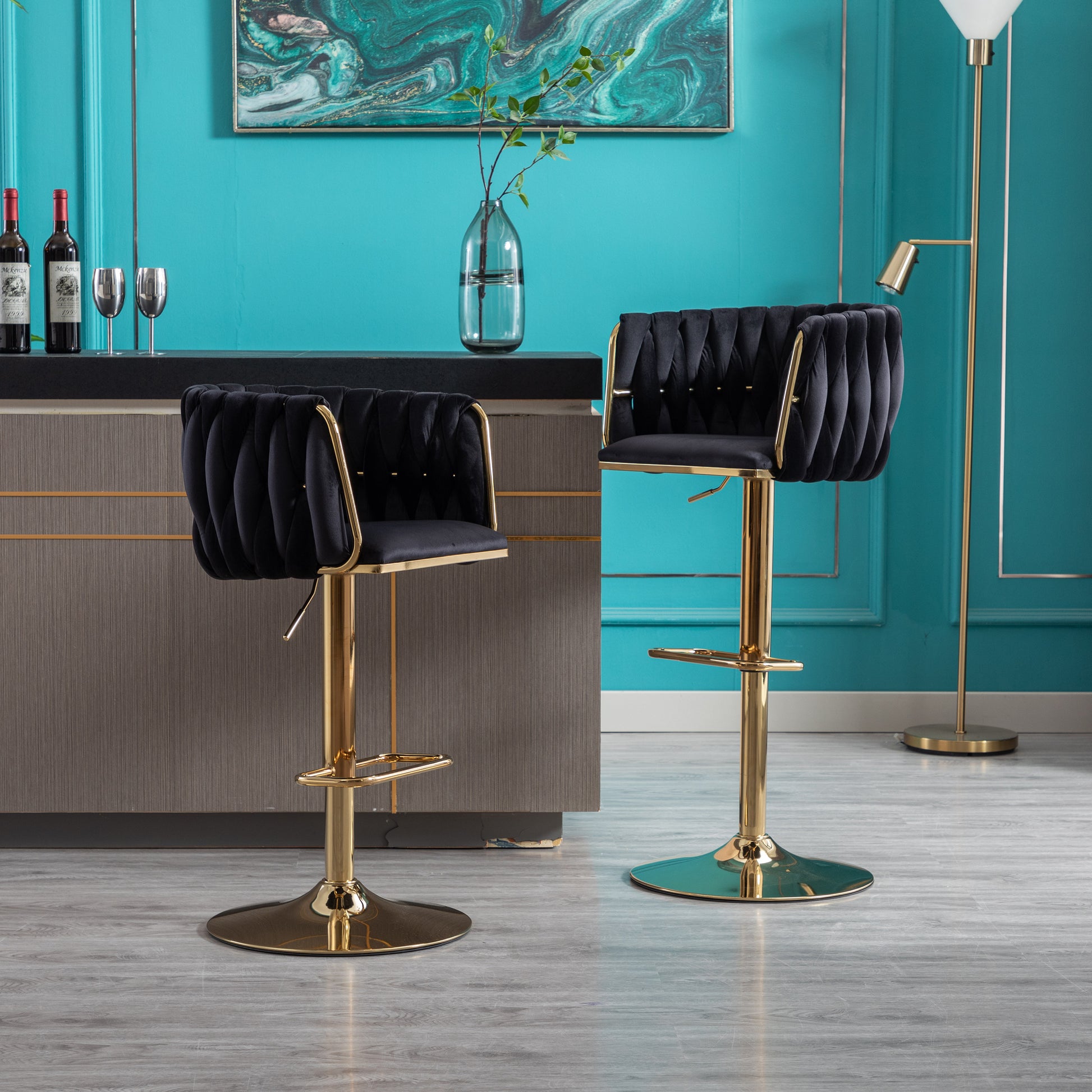 Set Of 2 Bar Stools,With Chrome Footrest And Base Swivel Height Adjustable Mechanical Lifting Velvet Golden Leg Simple Bar Stool Black Black Foam Fabric
