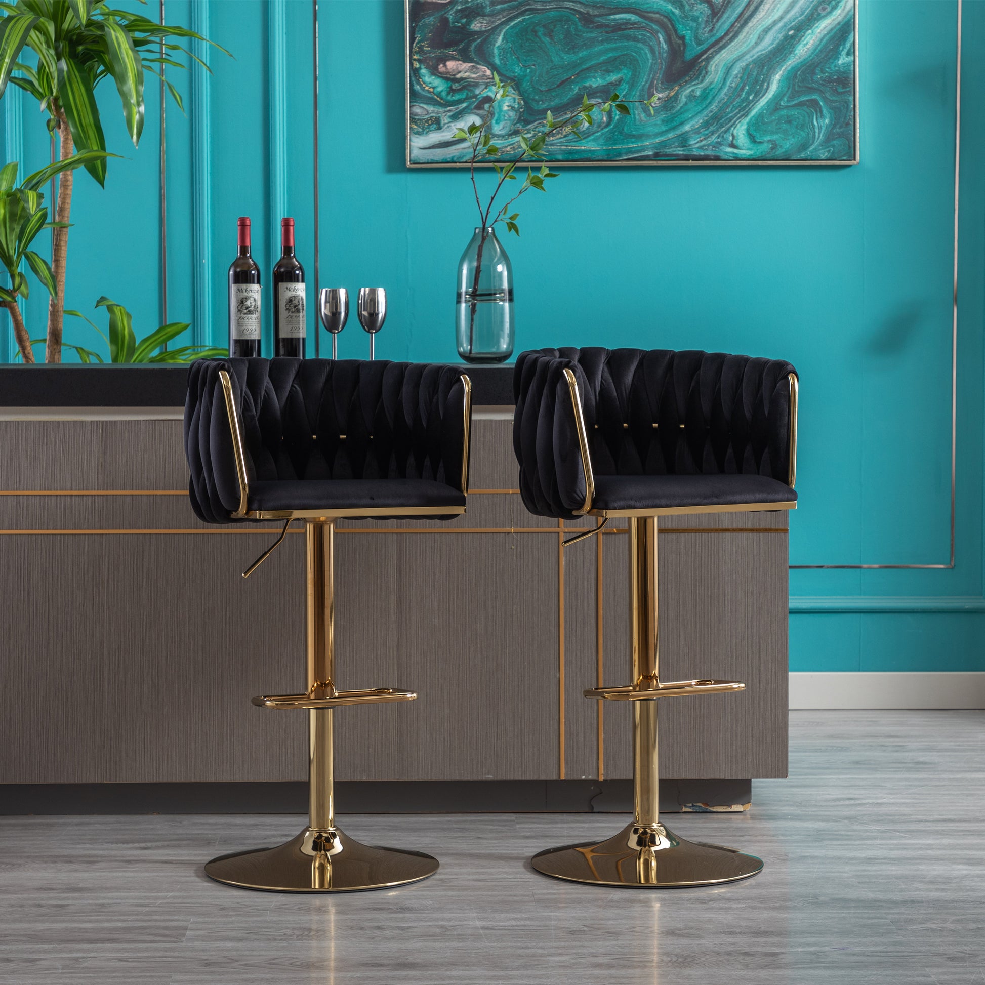 Set Of 2 Bar Stools,With Chrome Footrest And Base Swivel Height Adjustable Mechanical Lifting Velvet Golden Leg Simple Bar Stool Black Black Foam Fabric