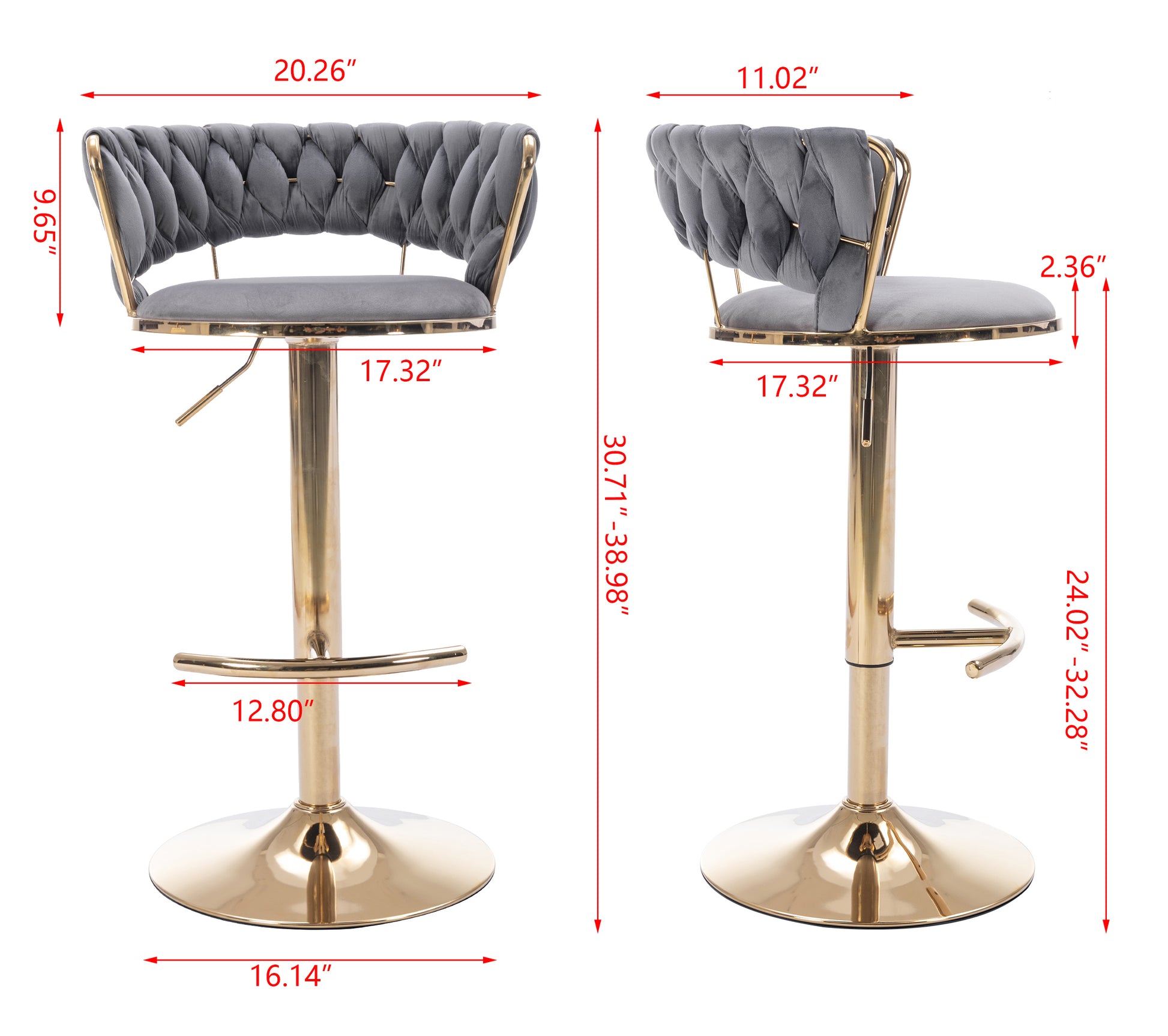 Set Of 2 Bar Stools,With Chrome Footrest And Base Swivel Height Adjustable Mechanical Lifting Velvet Golden Leg Simple Bar Stool Gray Gray Foam Fabric
